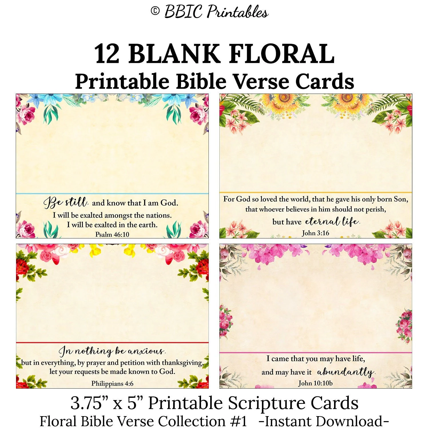 12 Blank Floral Printable Bible Verse Cards C1 INSTANT DOWNLOAD 