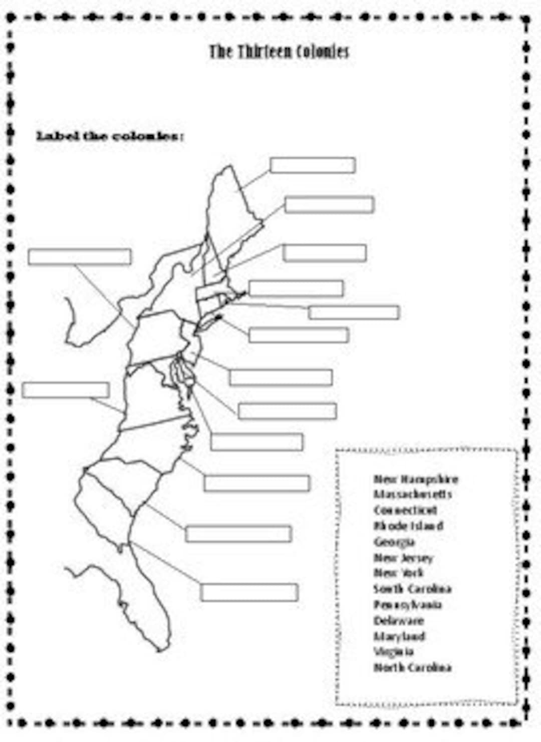13 Colonies Blank Quiz Printable