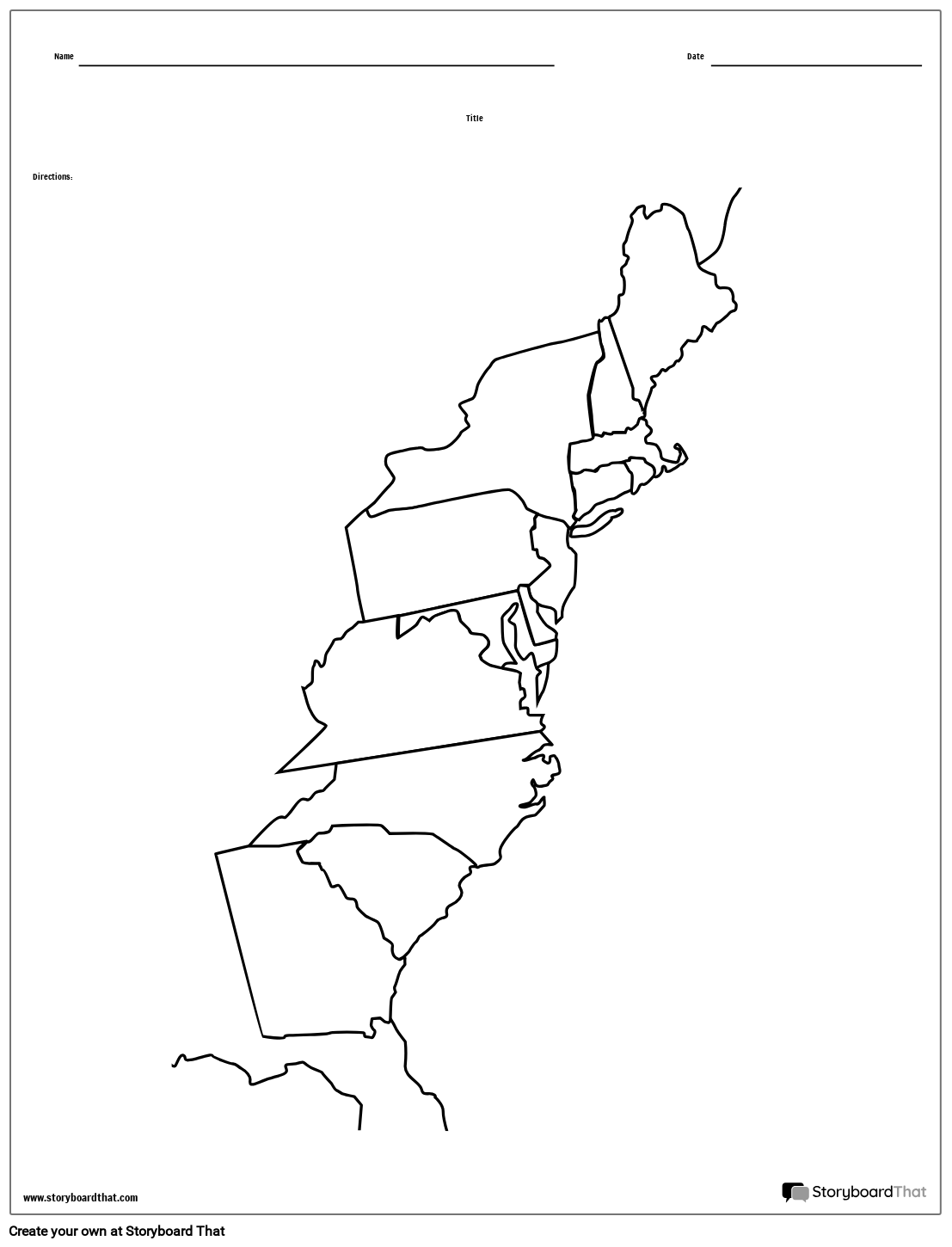 13 Colonies Map Black And White Blank Storyboard