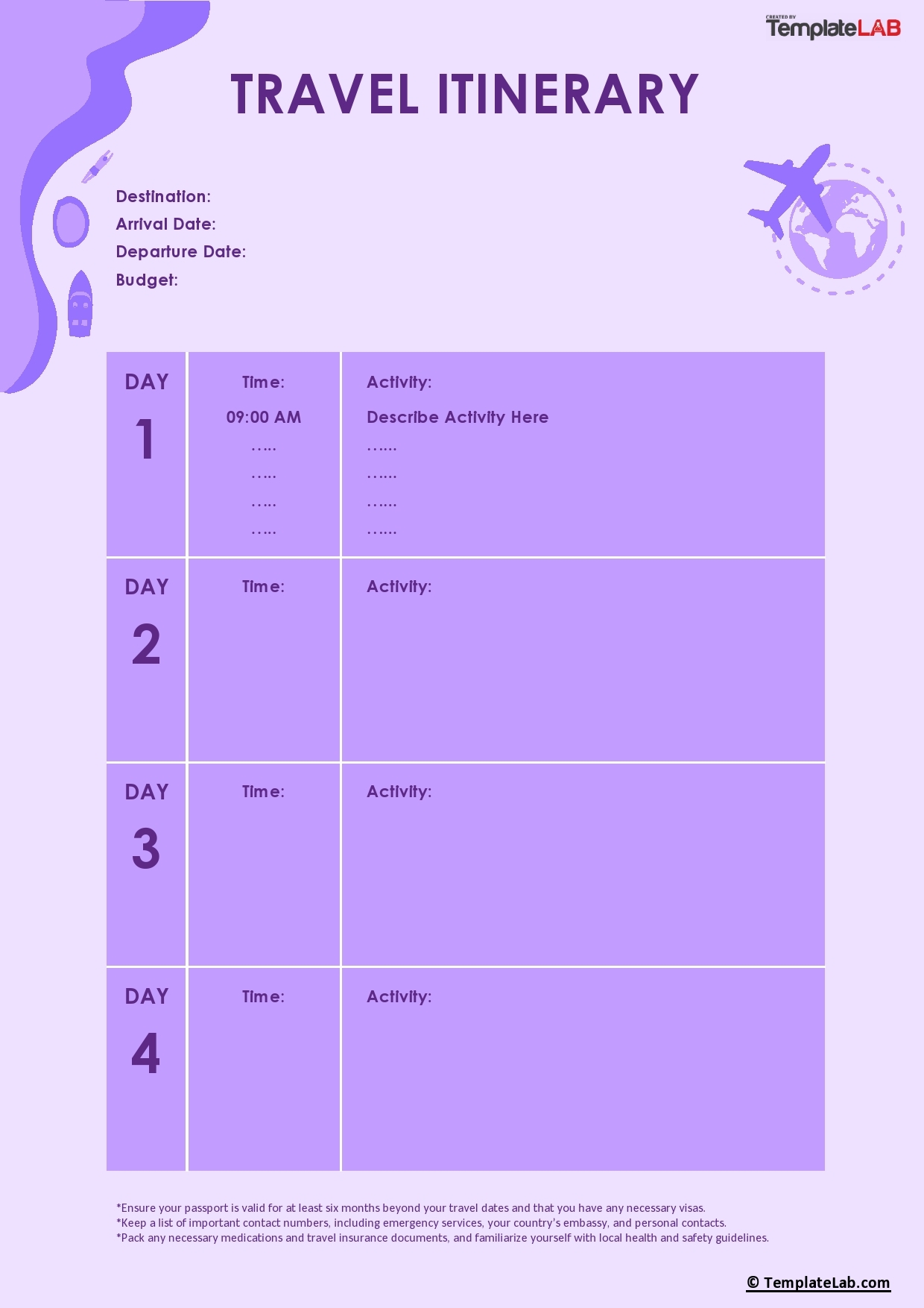 Blank Printable Itinerary