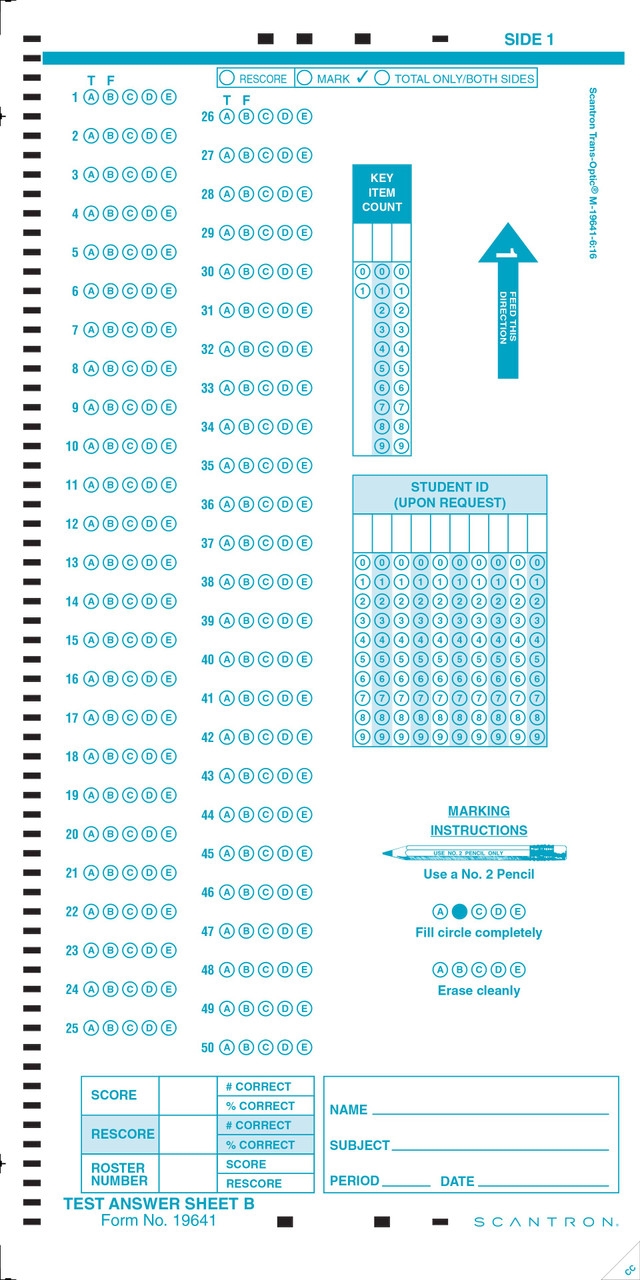 19641 Answer Sheet B 500 PKG Scantron