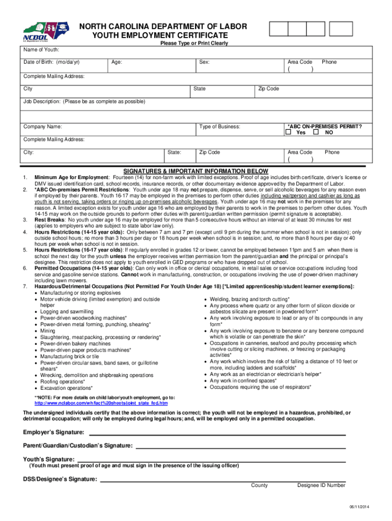 2014 2025 Form NC Youth Employment Certificate Fill Online 
