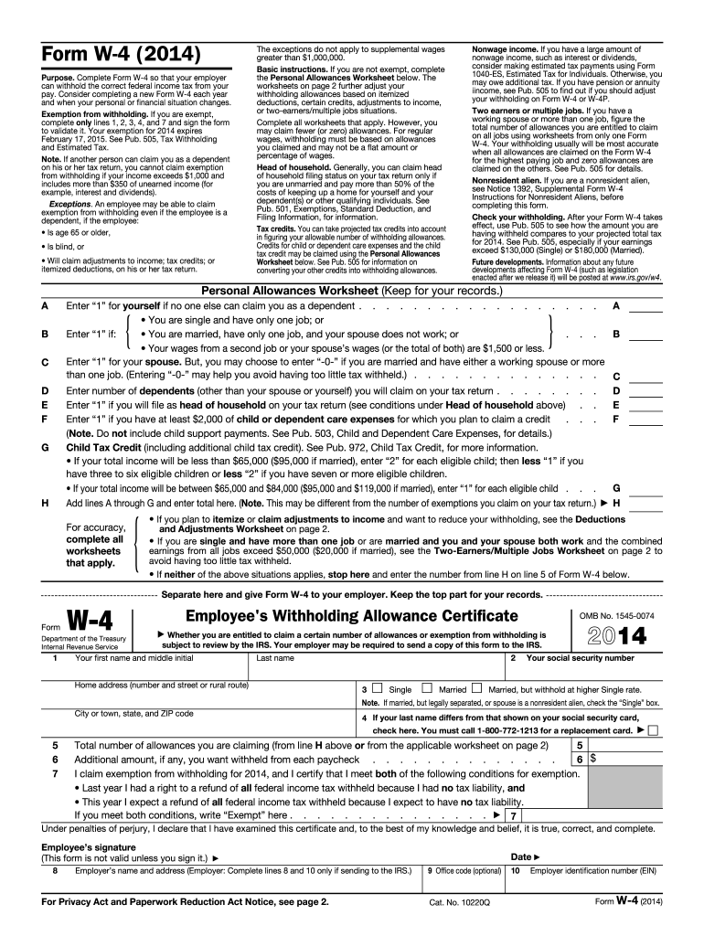 2014 Form IRS W 4 Fill Online Printable Fillable Blank 