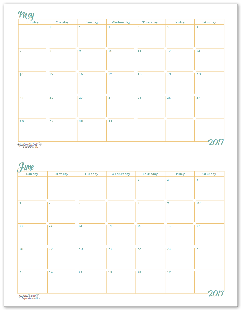 2017 Half Size Monthly Calendar Printables