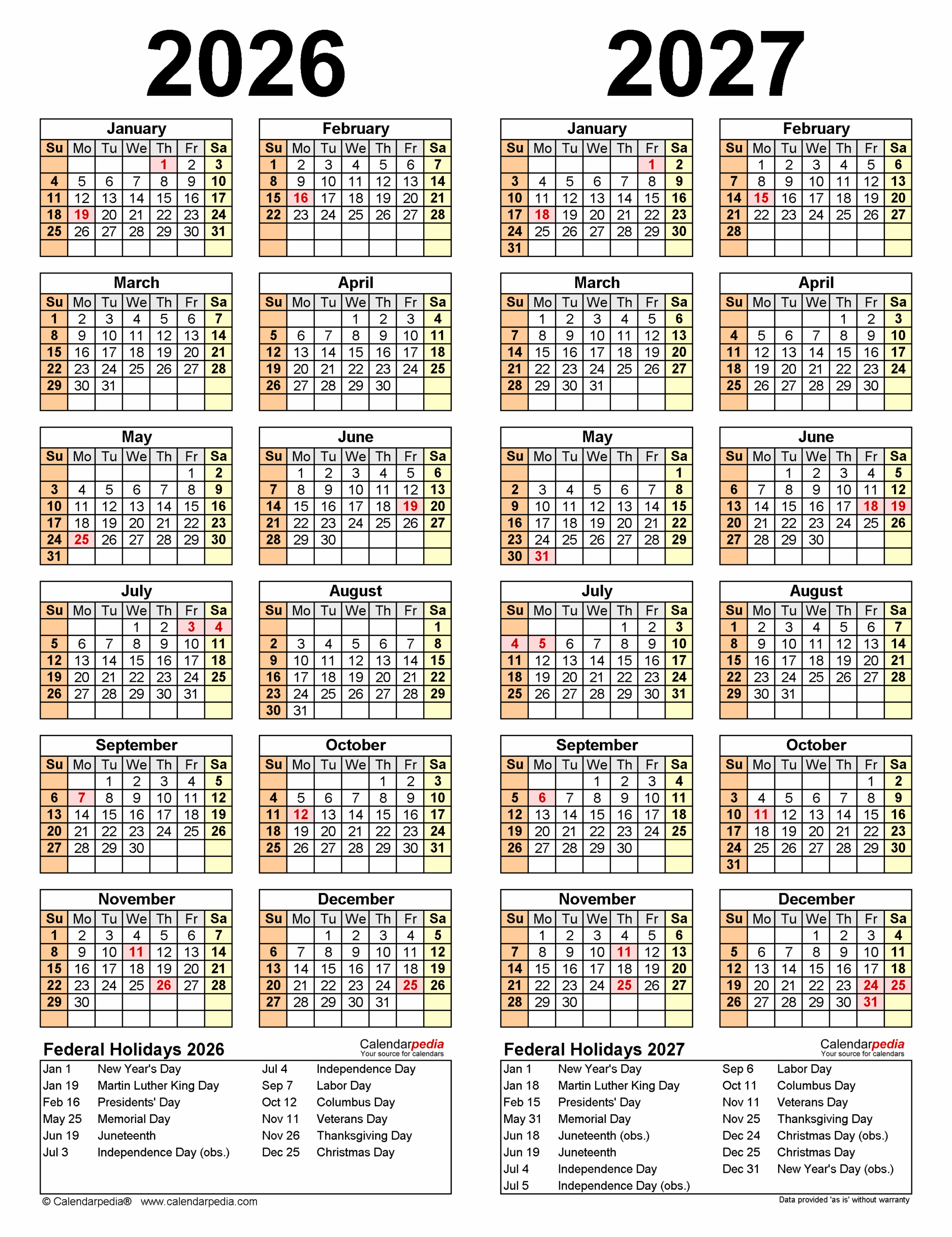 Blank Printable Calendars 2026-2027