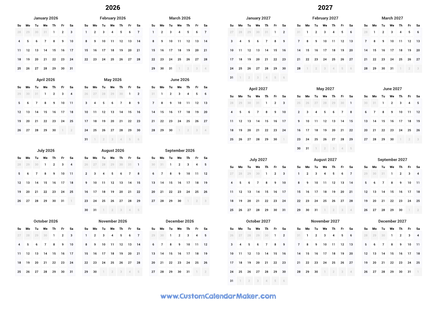 2026 And 2027 Two Year Calendar Custom Calendar Maker