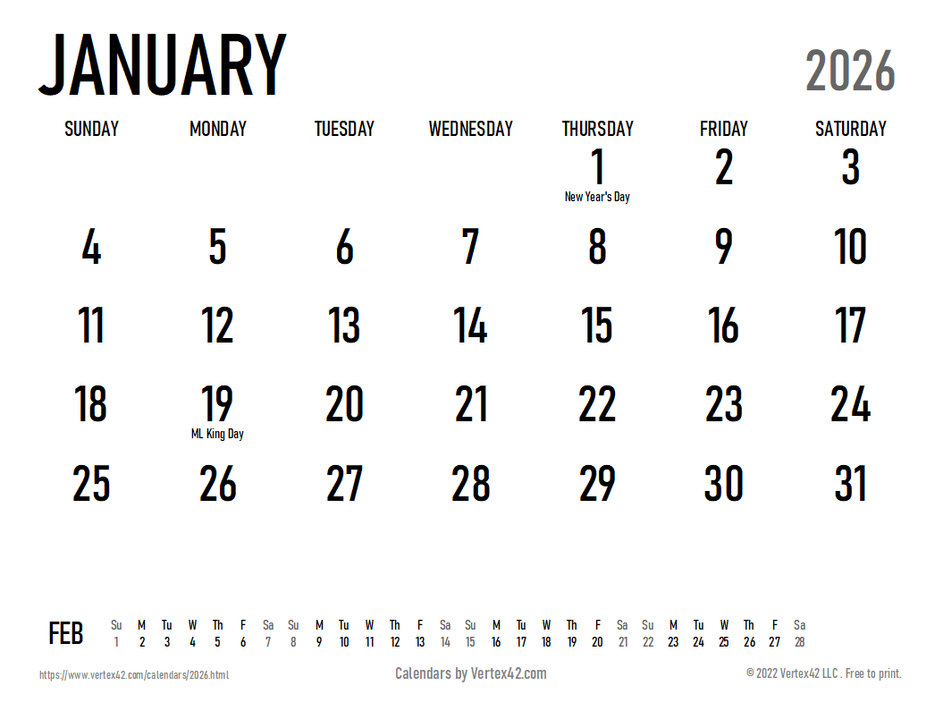 Blank Calendar Month 2026 Printable