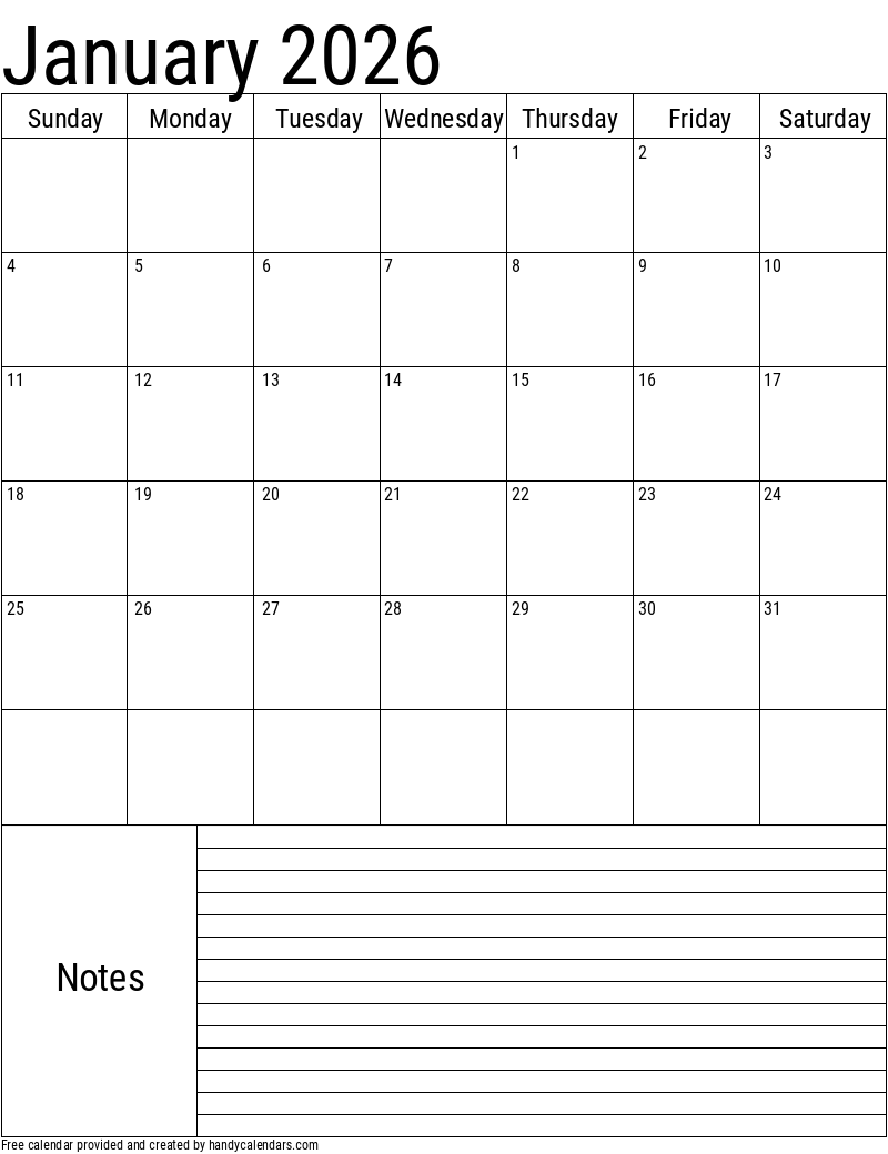 Blank January 2026 Printable Calendar