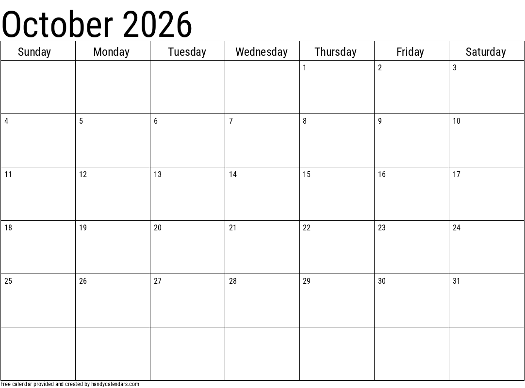 Blank Calendar 2026 October Printable