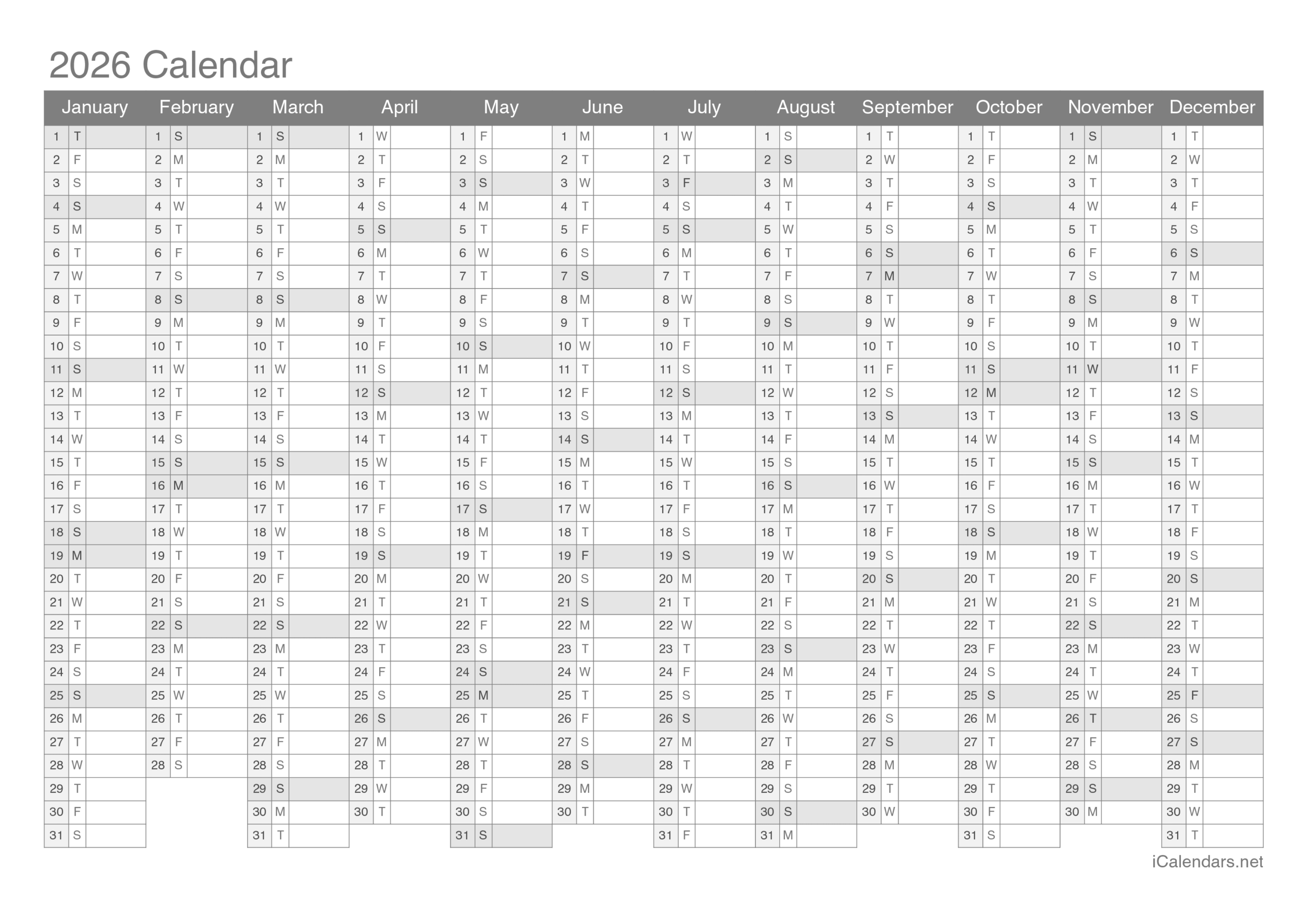 2026 Blank Calendar Printable Free