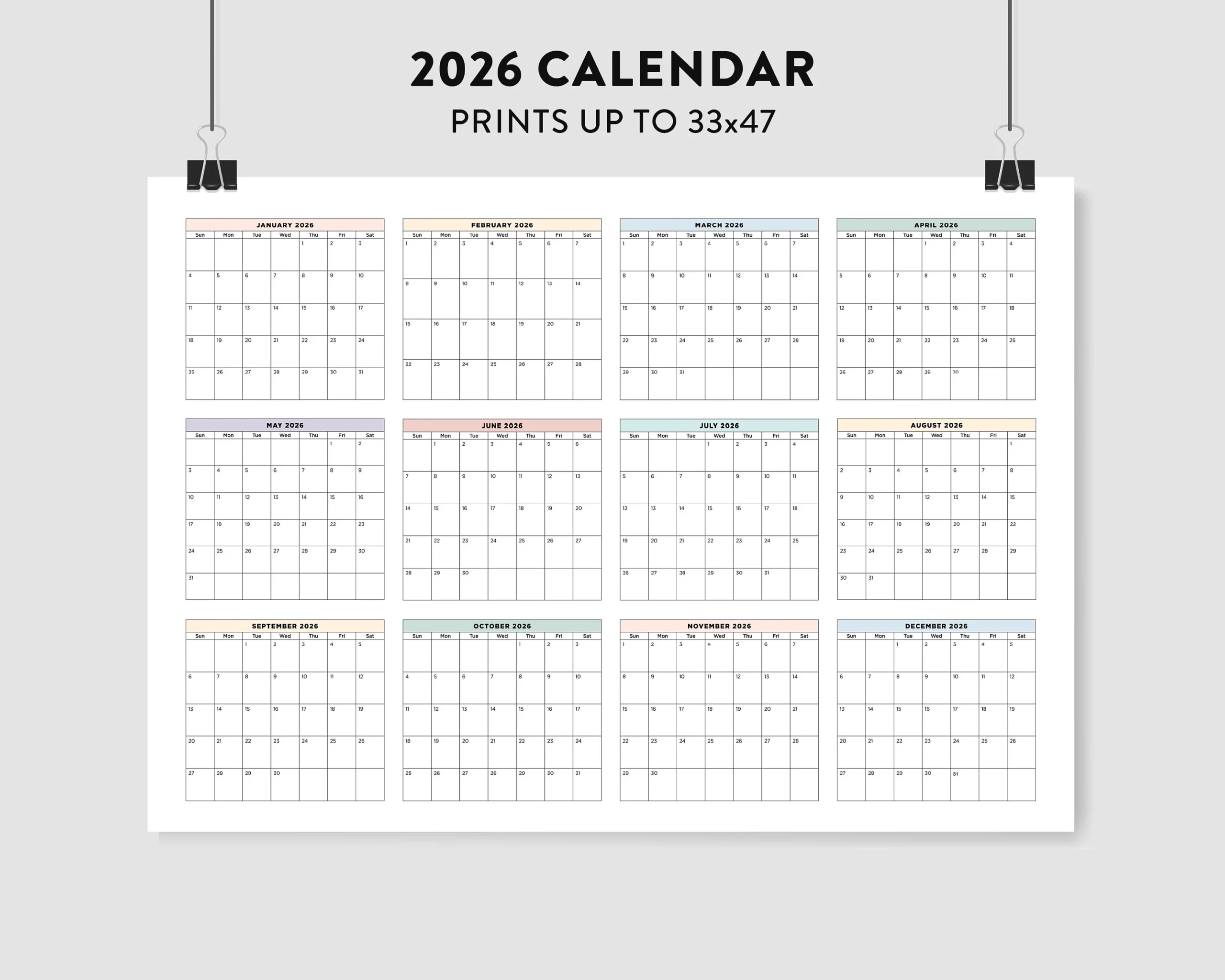 2026 Wall Calendar 2026 Large Printable Calendar 2026 Pastel 