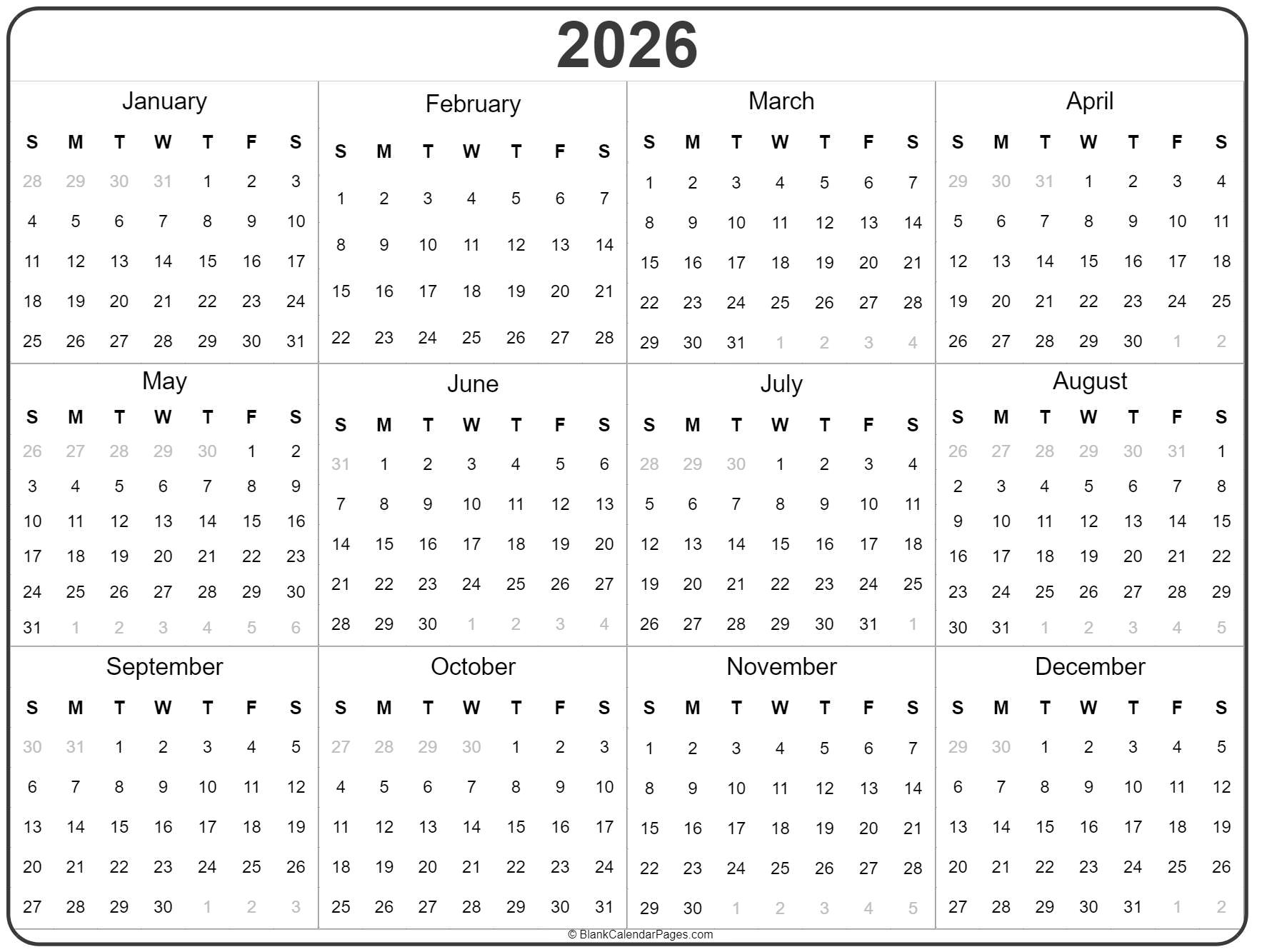 Blank Printable Work Calendar 2026