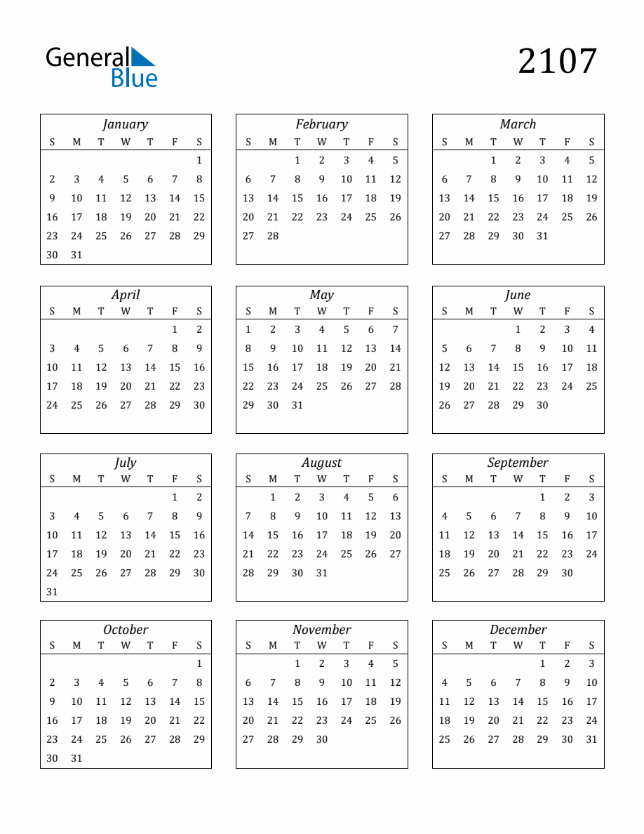 2107 Blank Yearly Calendar Printable