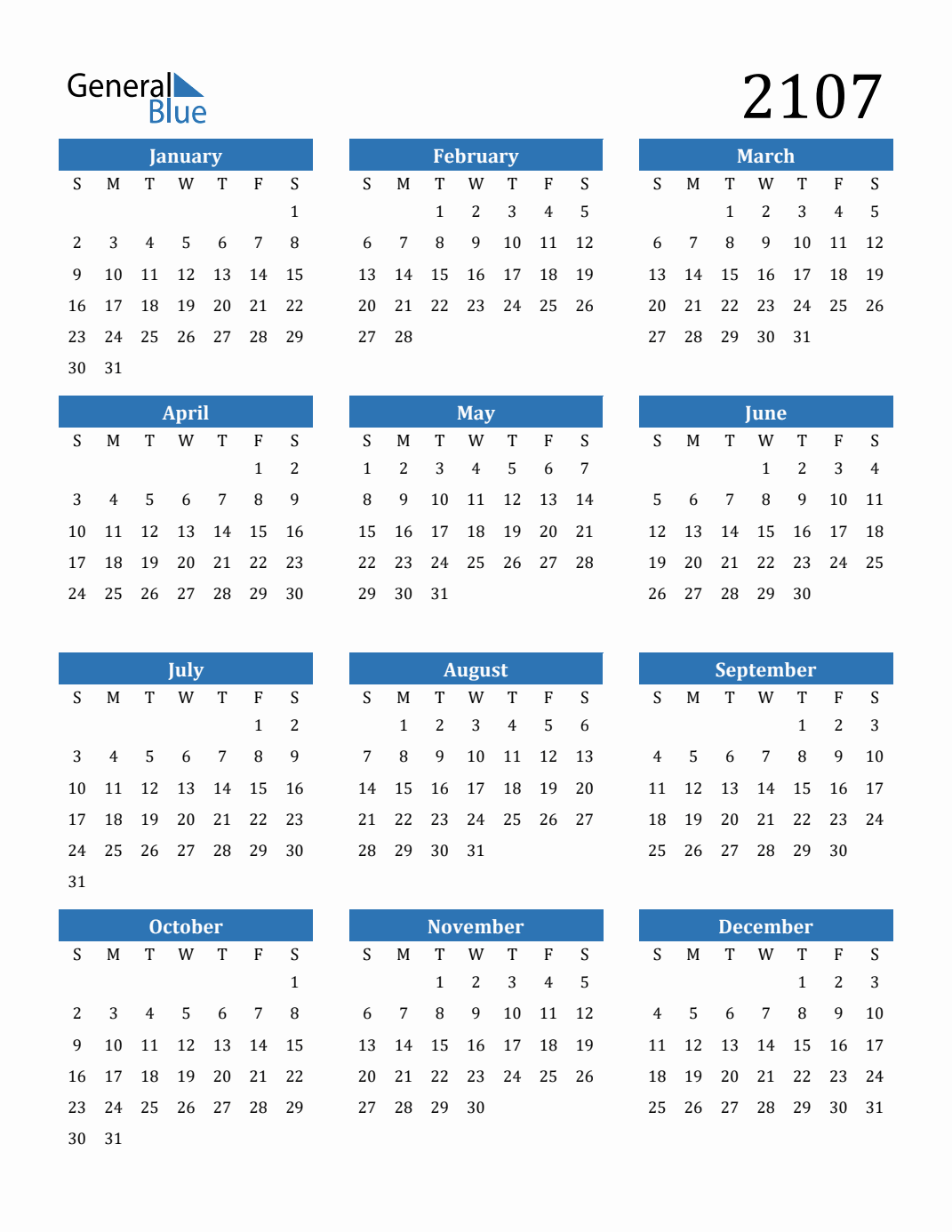 2107 Yearly Calendar Templates With Monday Start