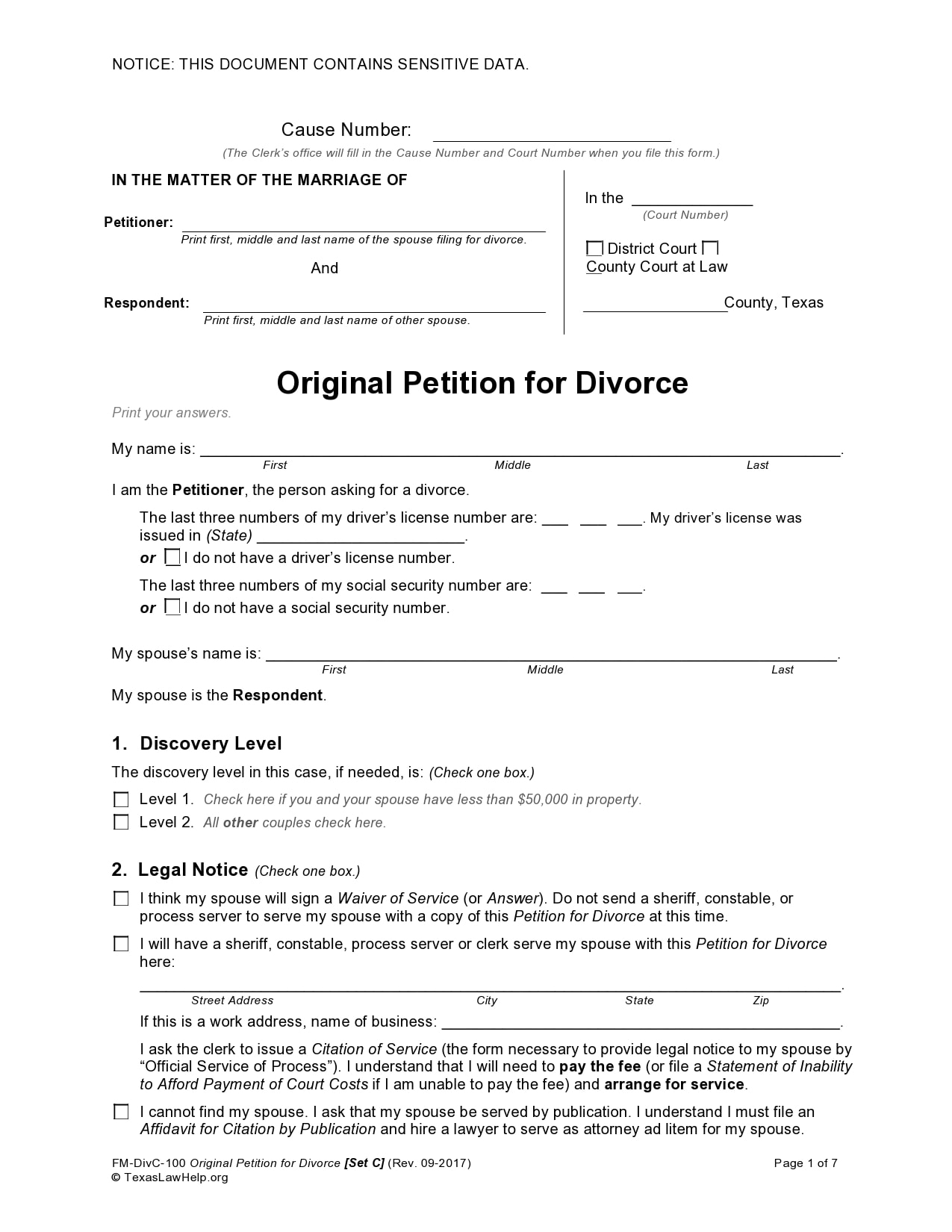 Printable Blank Divorce Papers