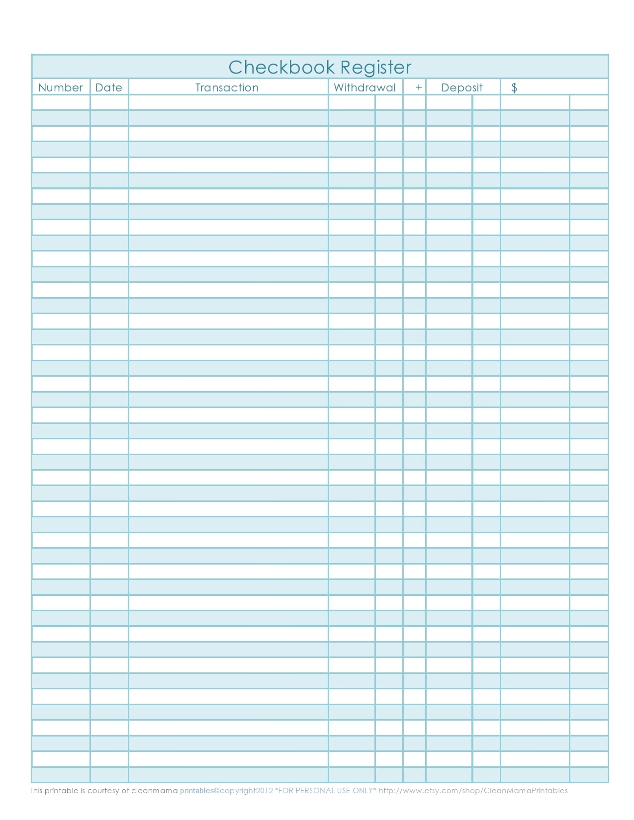 Free Printable Blank Checkbook Register