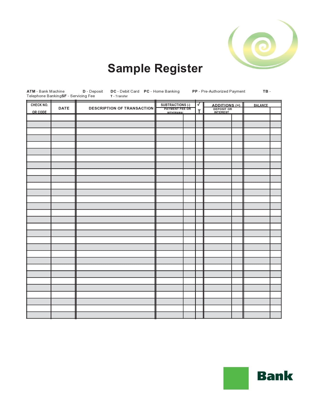 Printable Blank Checkbook Register Template