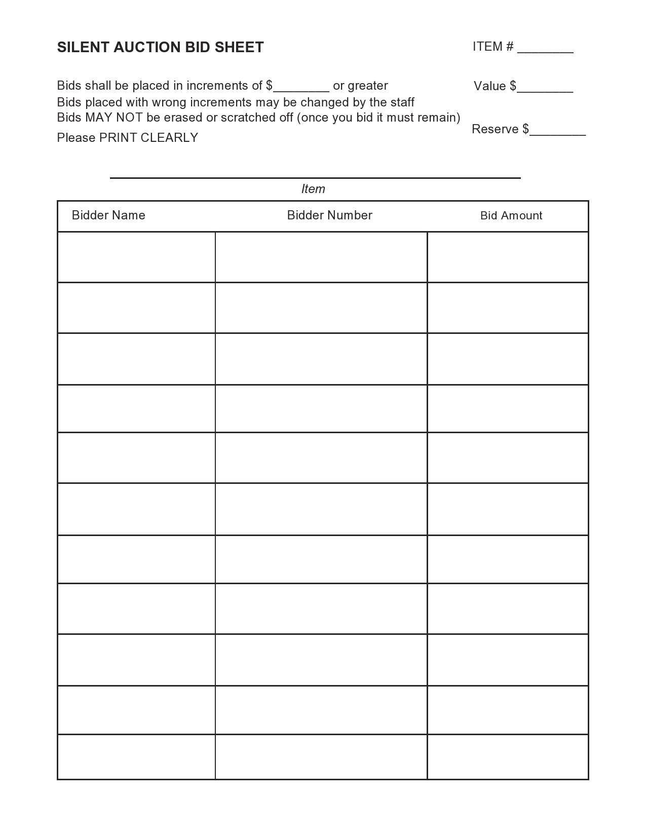 Silent Auction Blank Form Printable