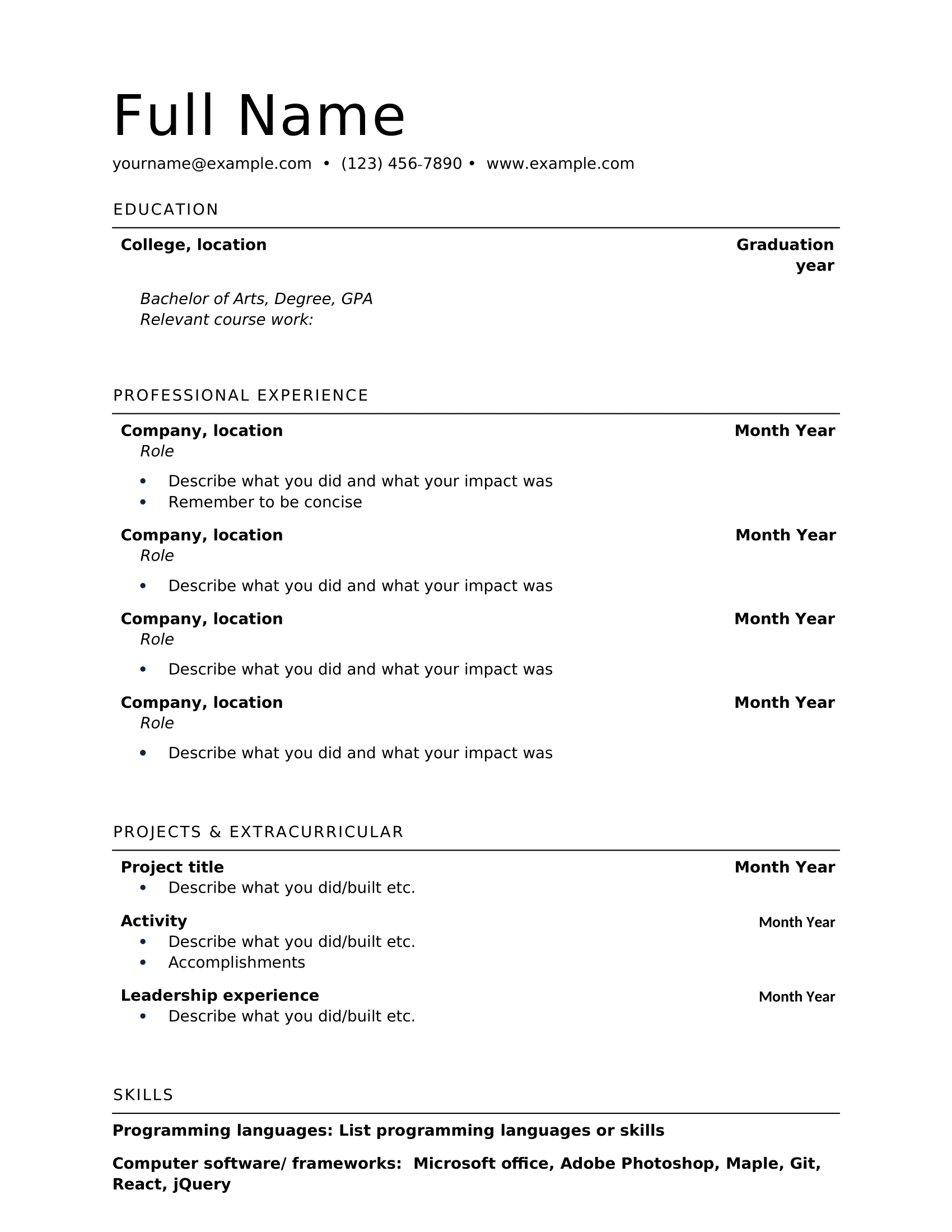 Printable Blank Resume Format