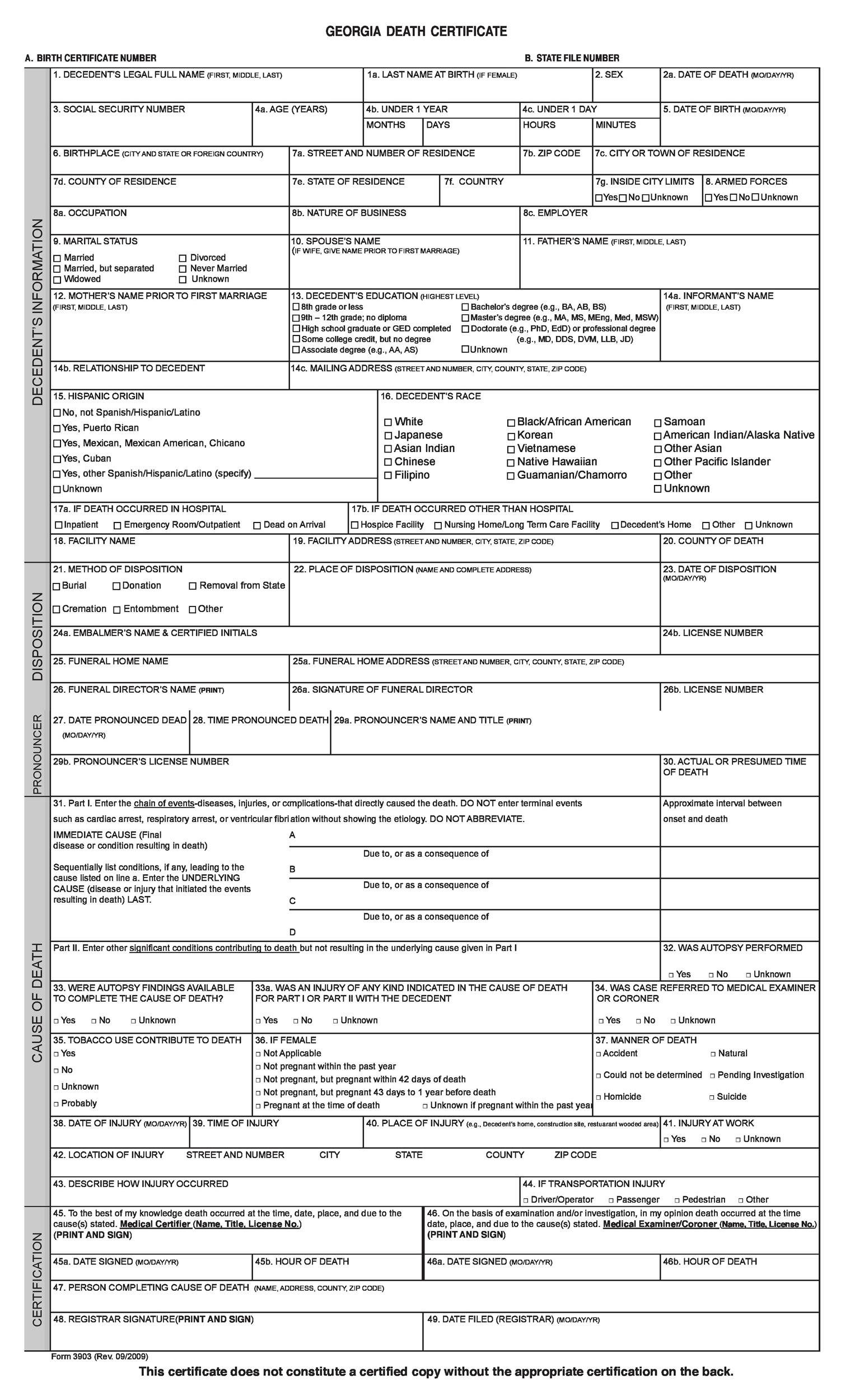 Printable Blank California Death Certificate
