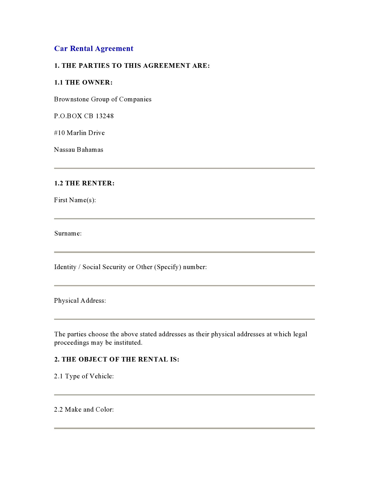 Blank Printable Car Rental Form