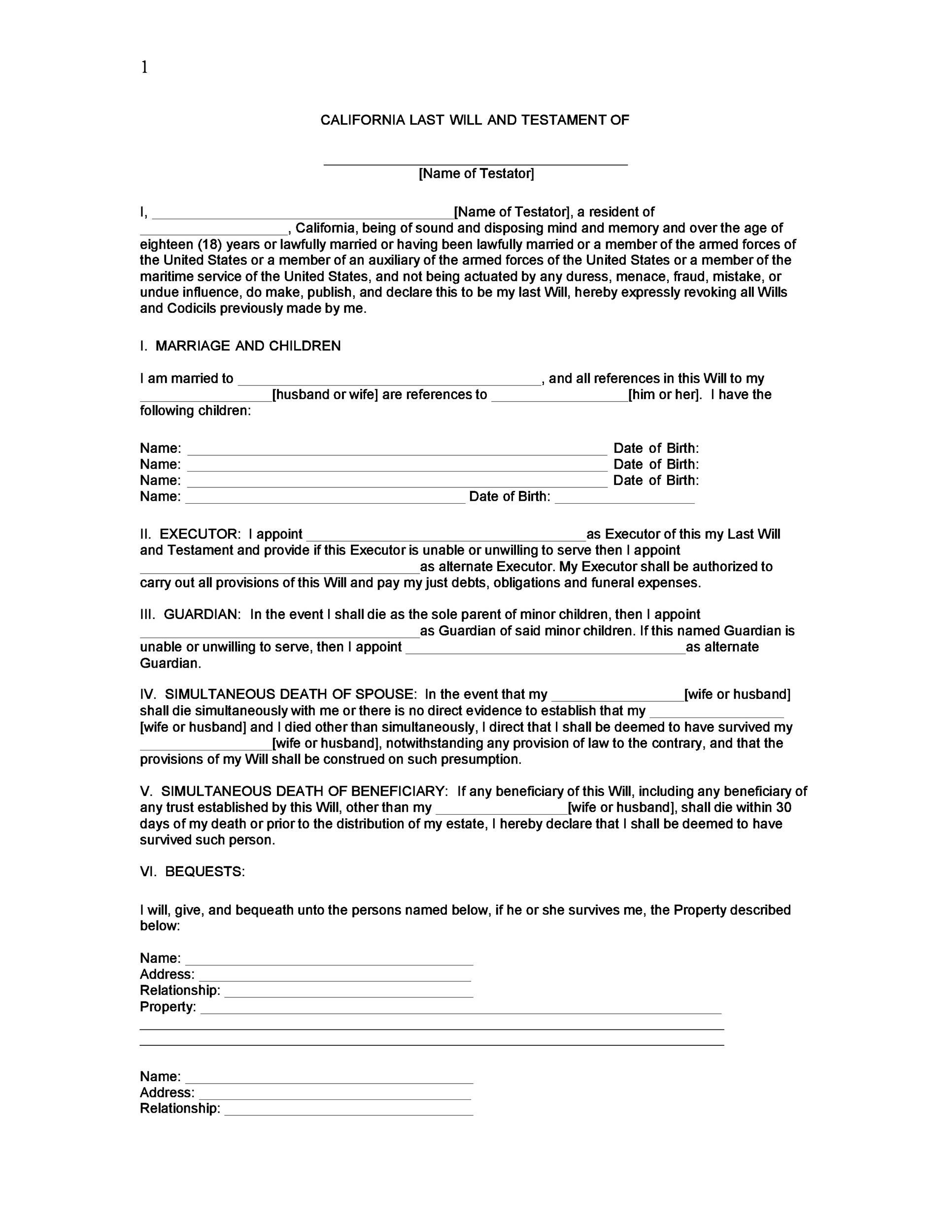 Free Blank Printable Will Forms