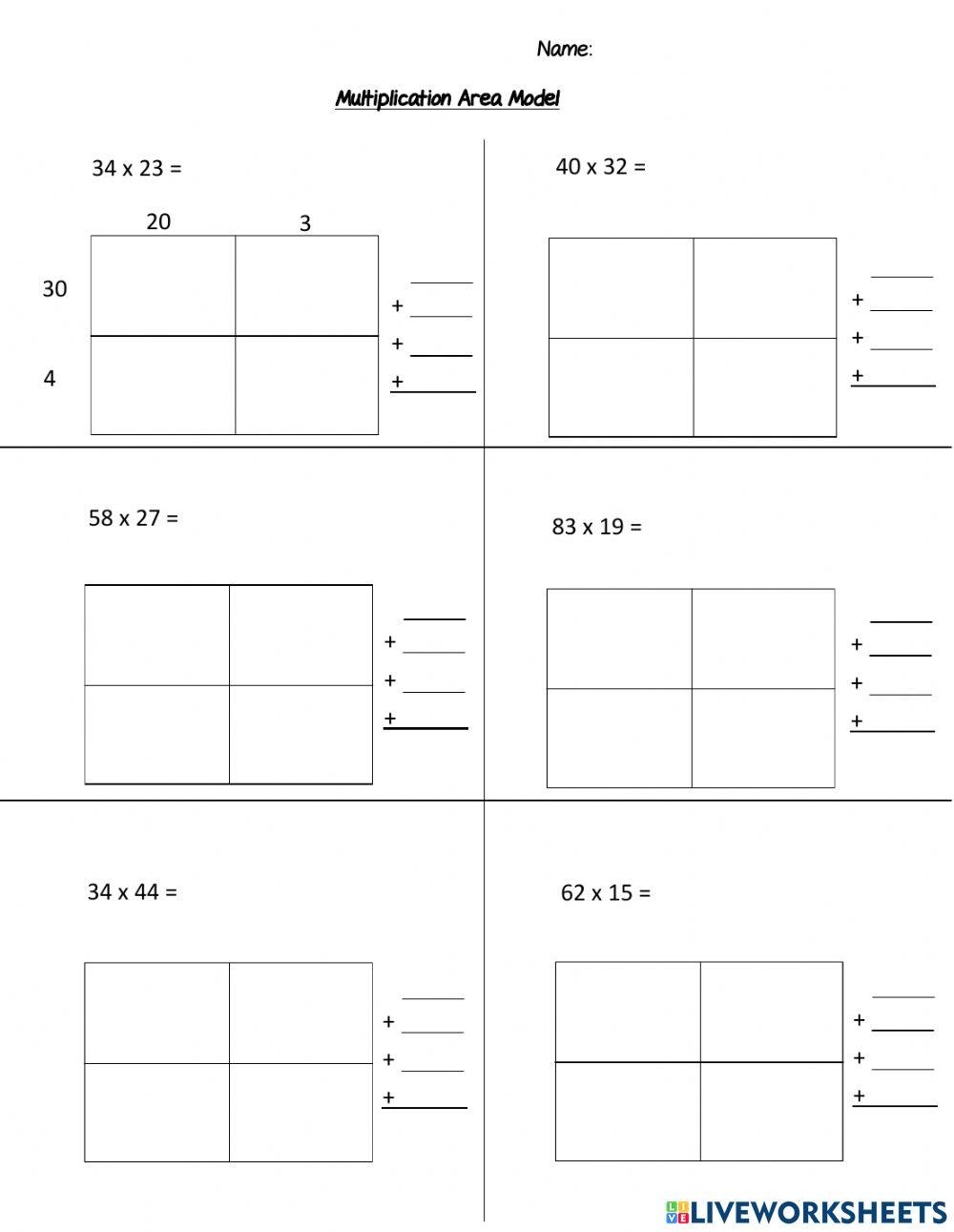 4 NBT 5 Area Model Multiplication Worksheet 2 Digit X 2 Digit 