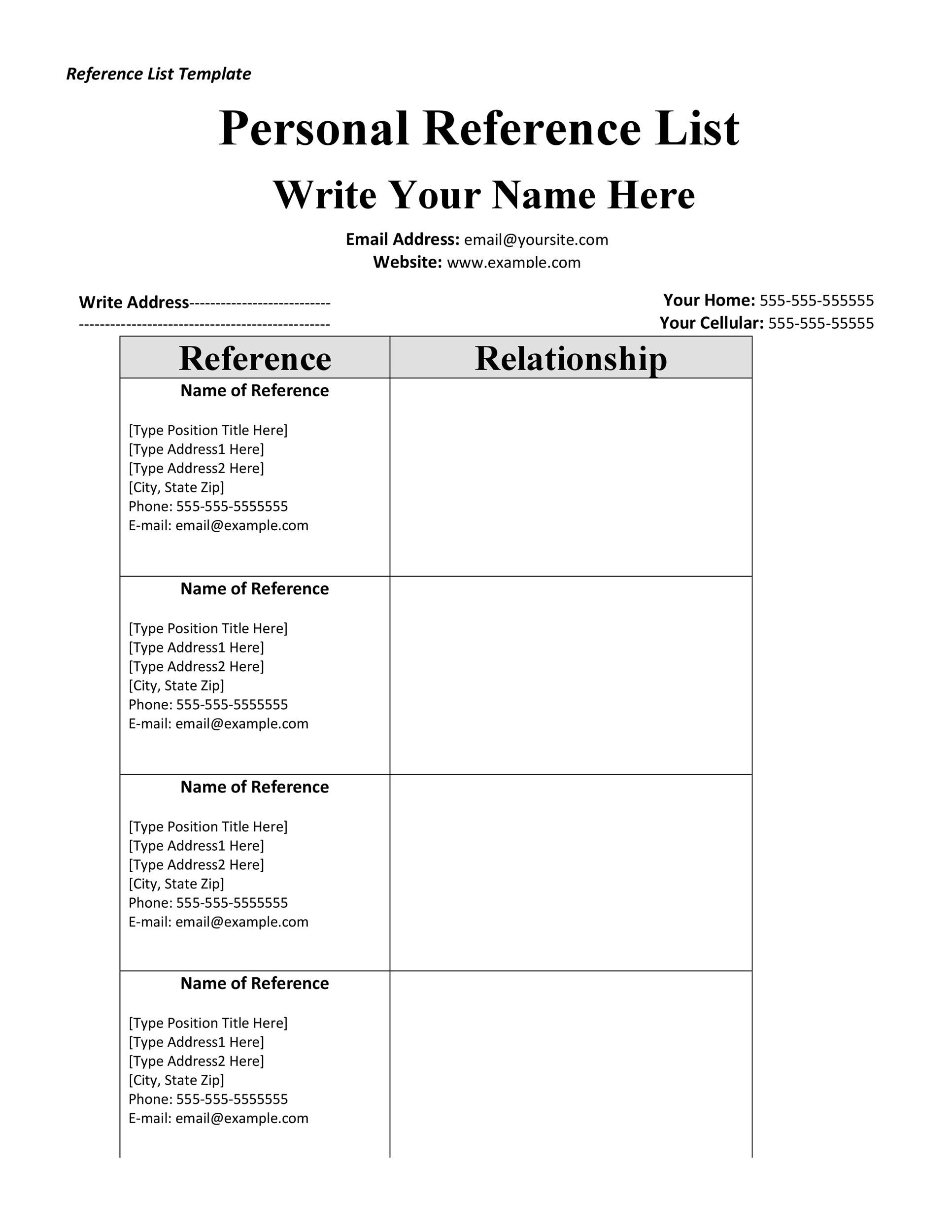 Personal Reference Sheet Blank Printable