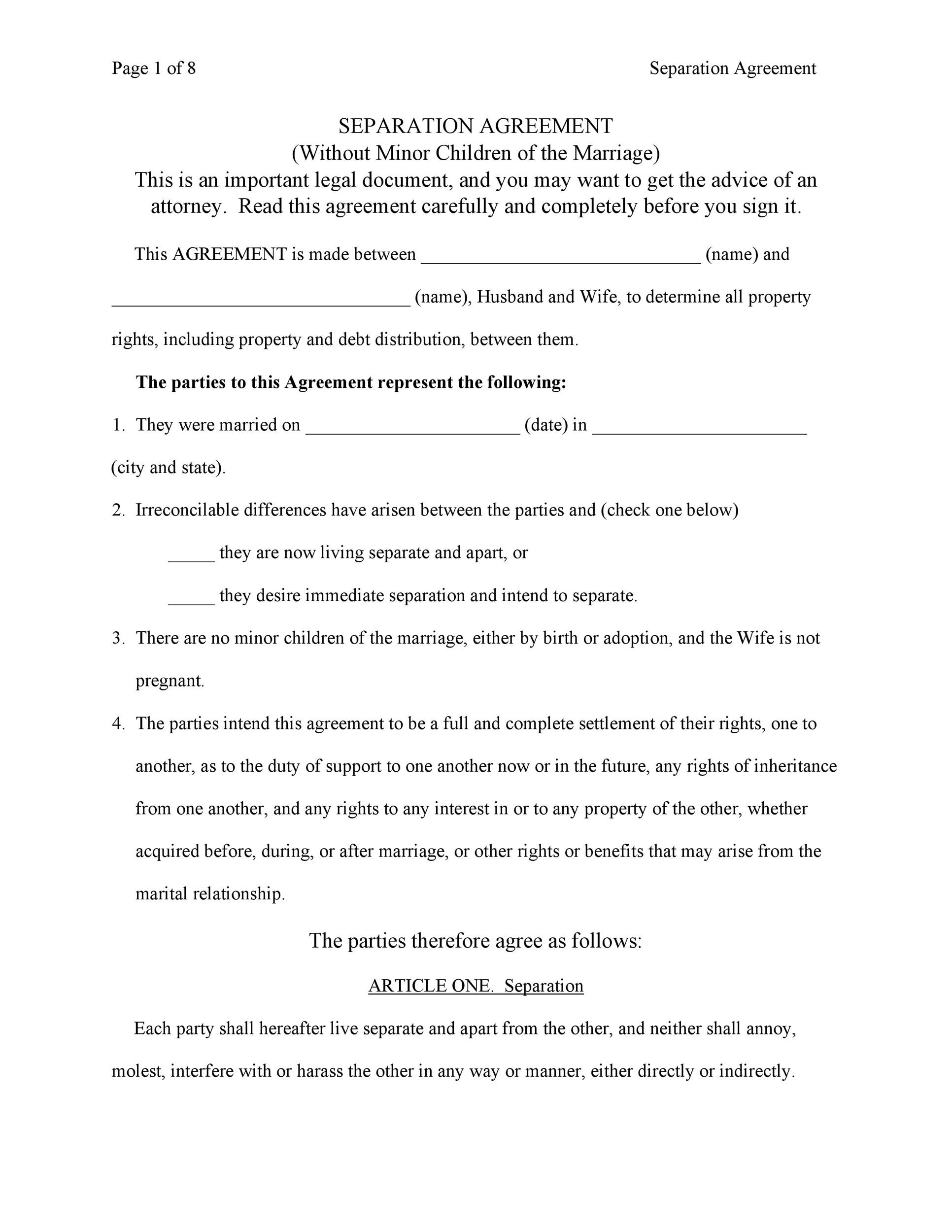 Blank Printable Separation Agreement