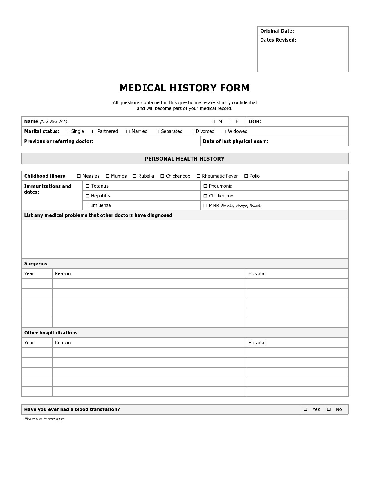 Blank Medical History Form Printable