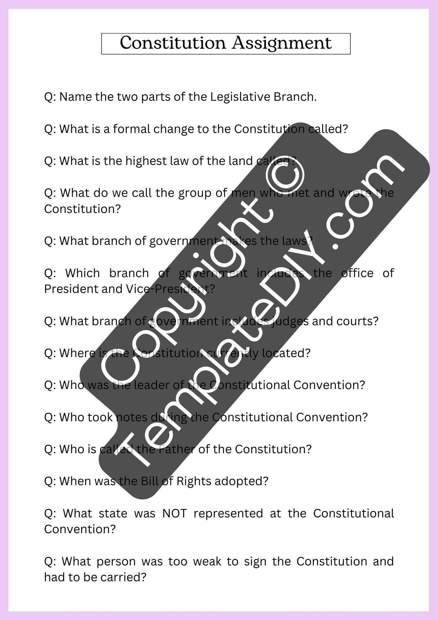 4th Grade Constitution Worksheets Printable Template PDF