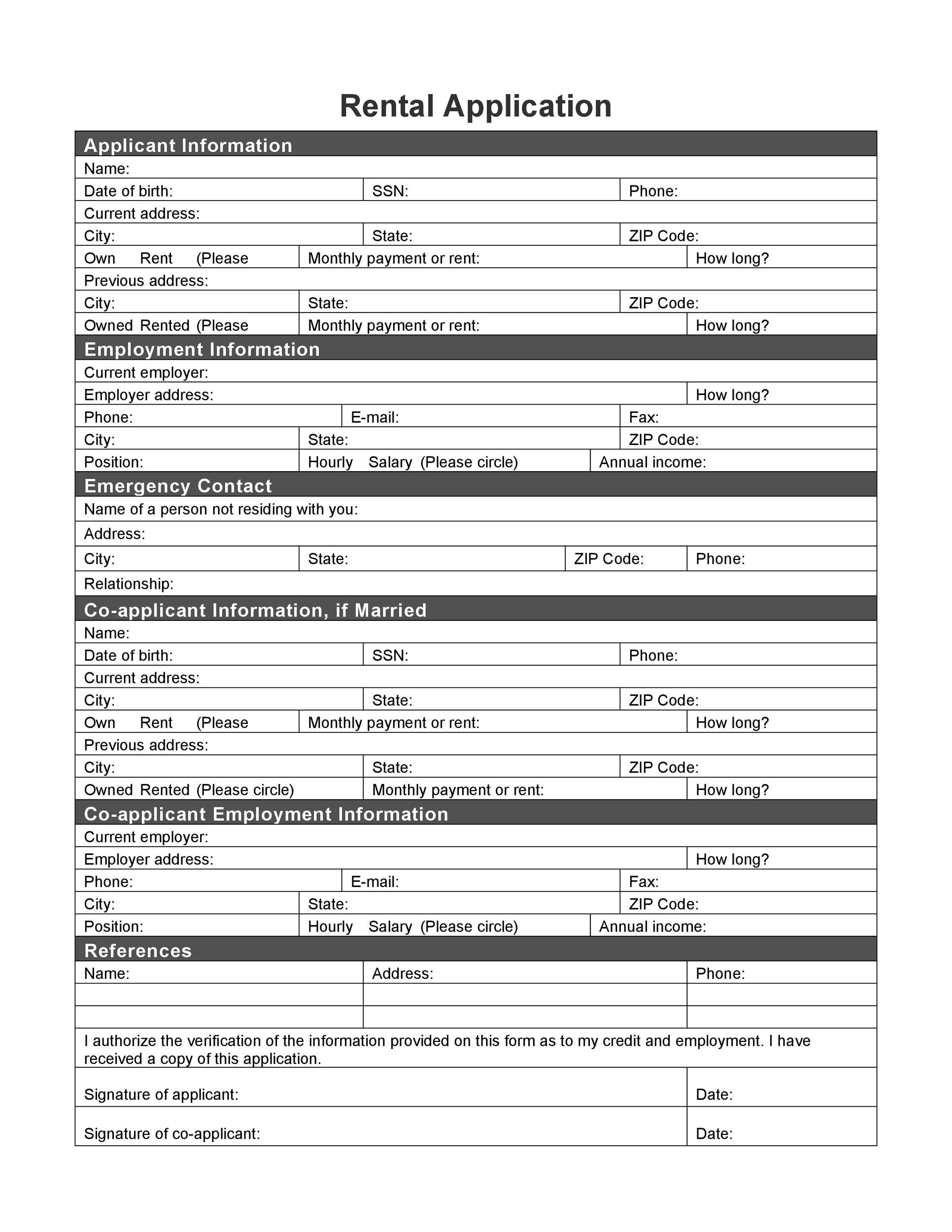 Printable Blank Rental Application