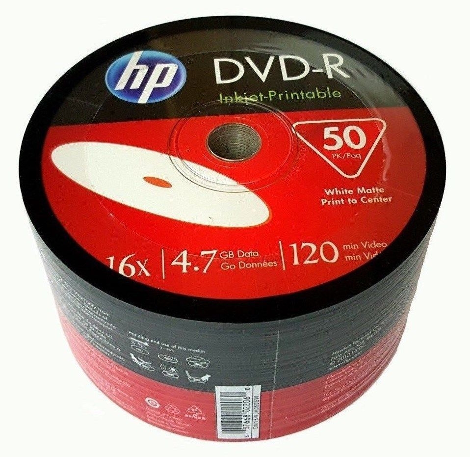 50 Pack HP 16X White Inkjet Printable Blank DVD R DVDR Disc Media 