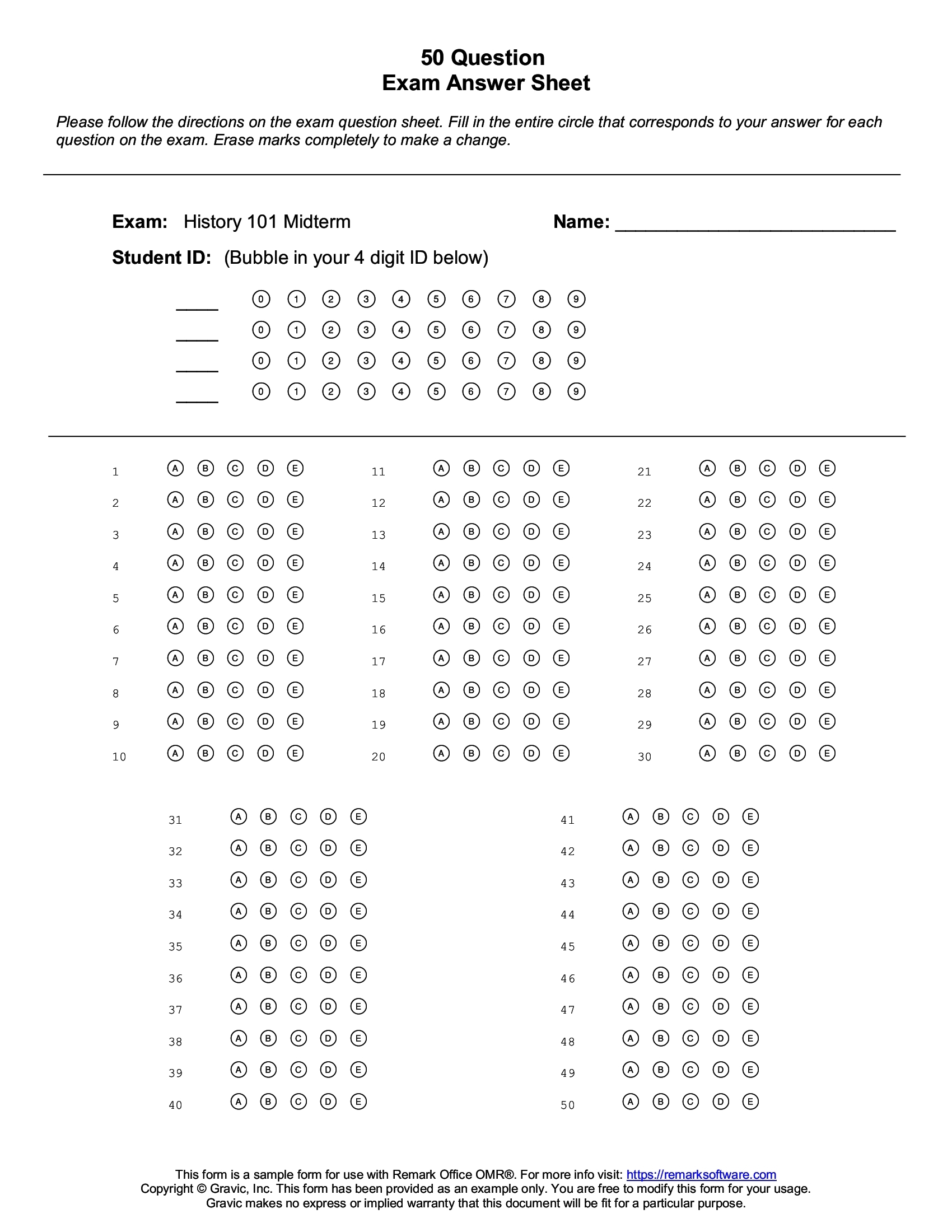 Printable Blank Answer Sheet 1-50