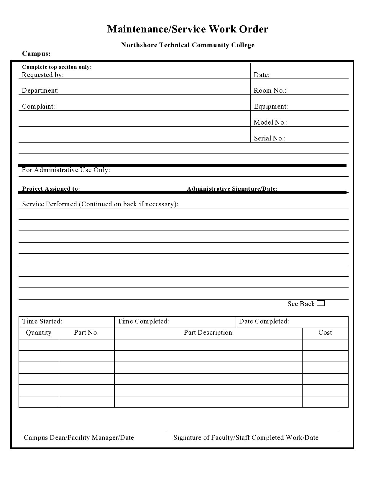 Work Order Form Blank Printable