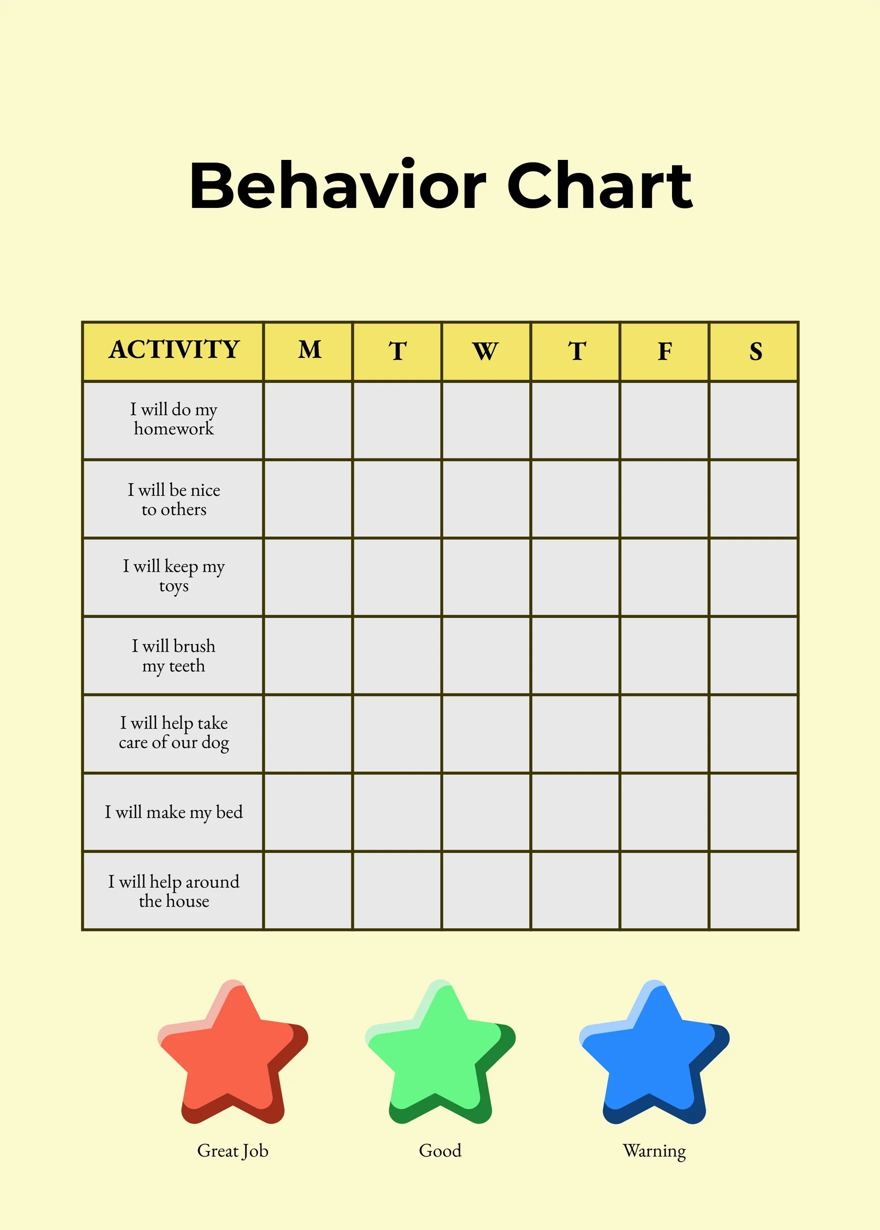 Printable Behavior Chart Blank