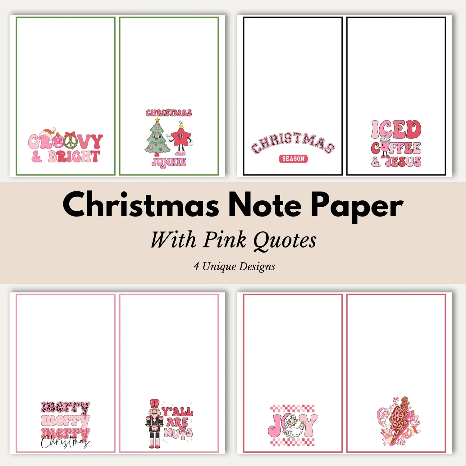 8 Printable Pink Christmas Note Cards 8 Blank Pink Christmas 