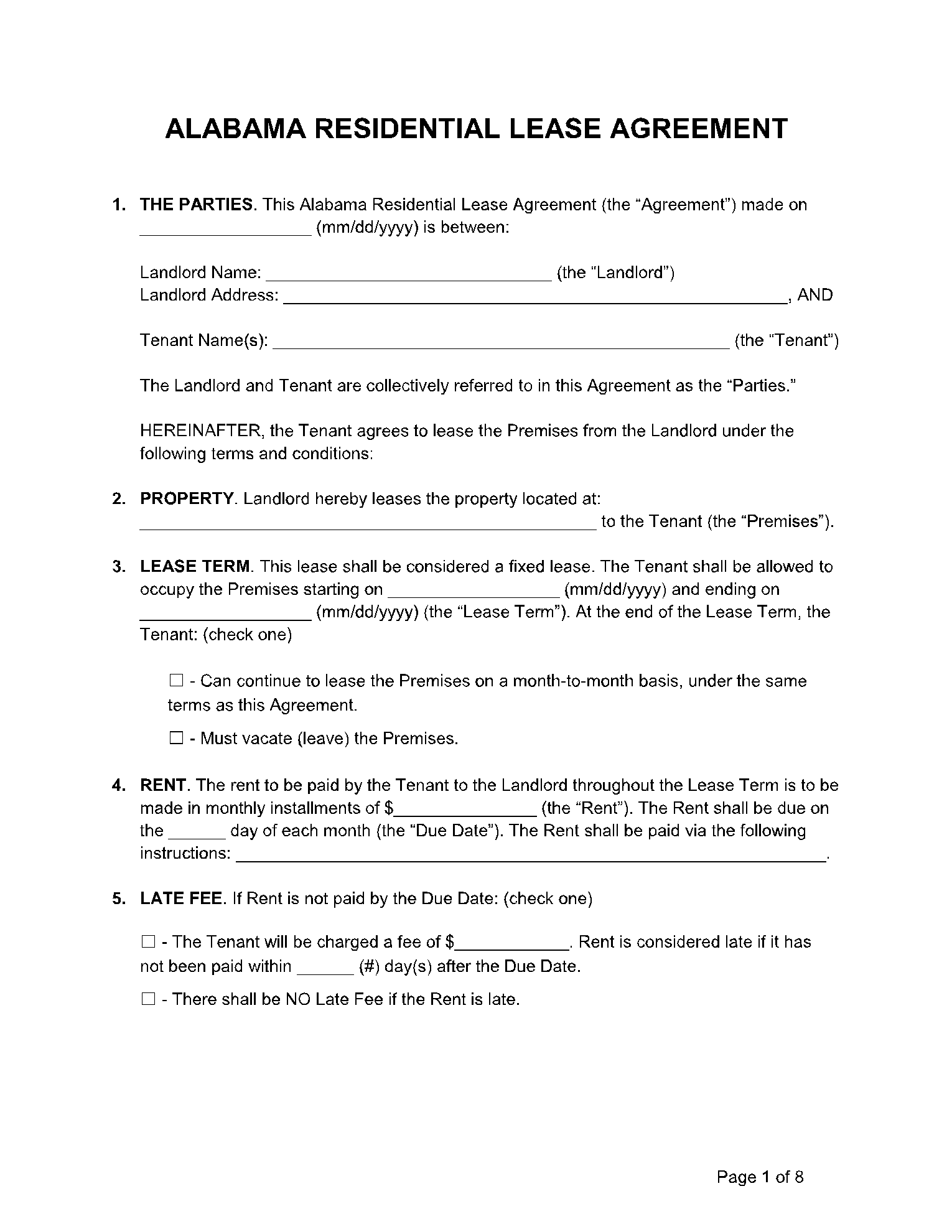 Printable Blank Lease Form