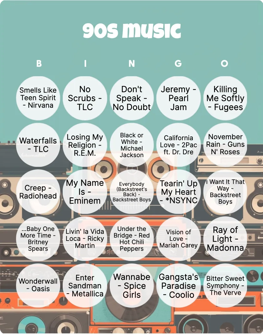 90s Music Bingo Printable amp Customizable Bingo Card Creator