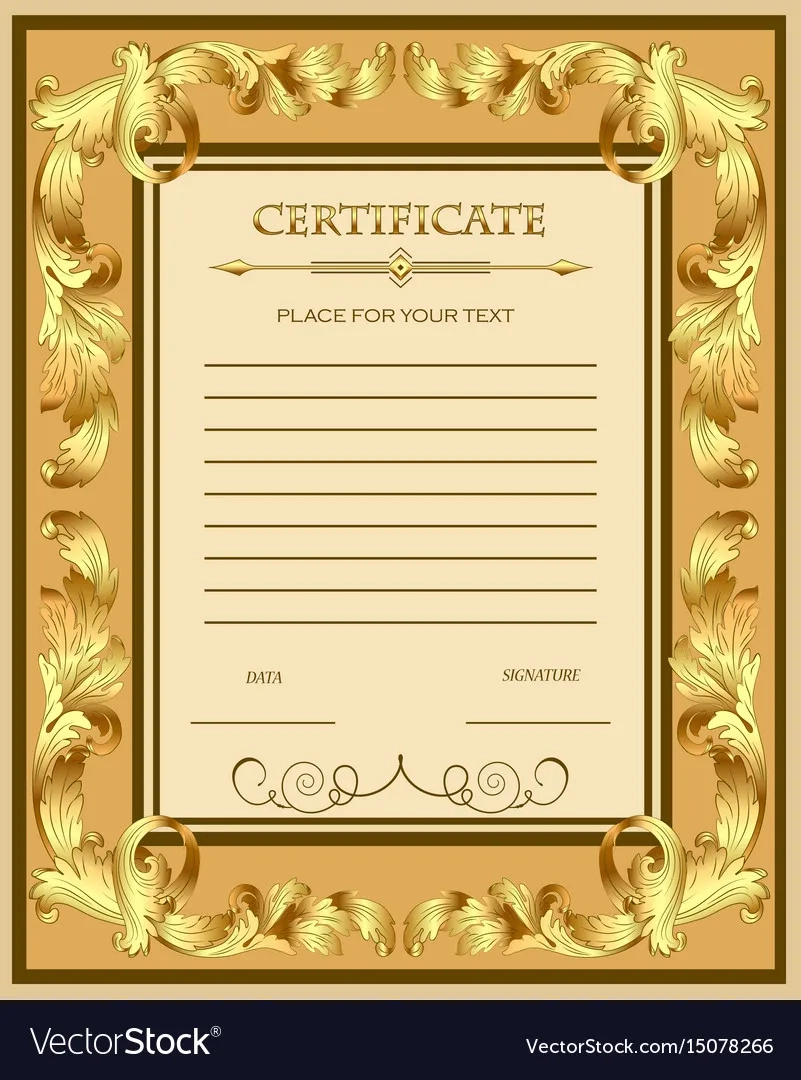A Custom Certificate Template With Gold Ornaments Vector Image