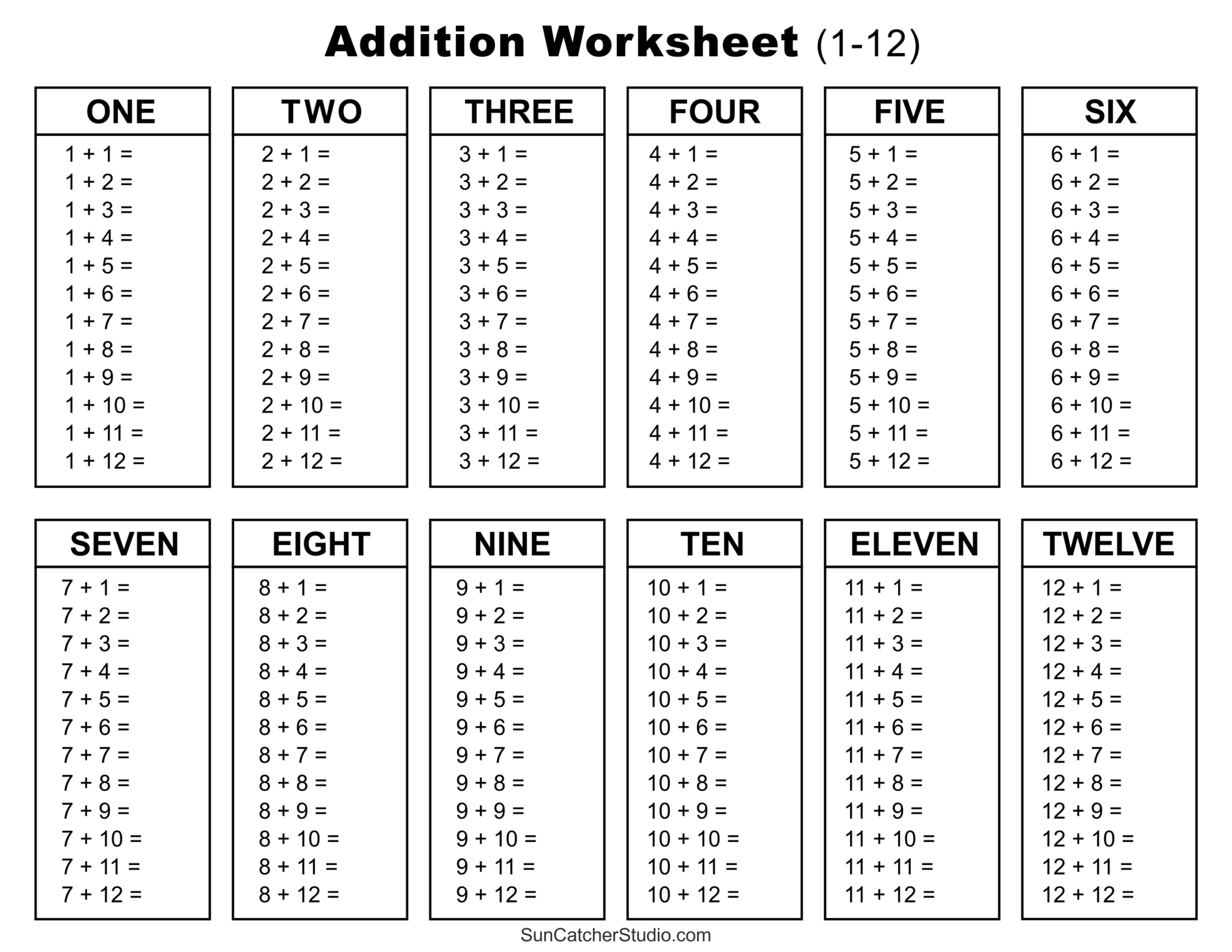 Blank Addition Facts Table Printable