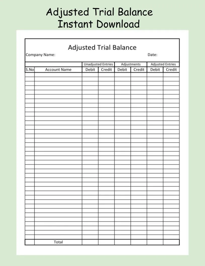 Adjusted Trial Balance Printable pdf instant Download editable 