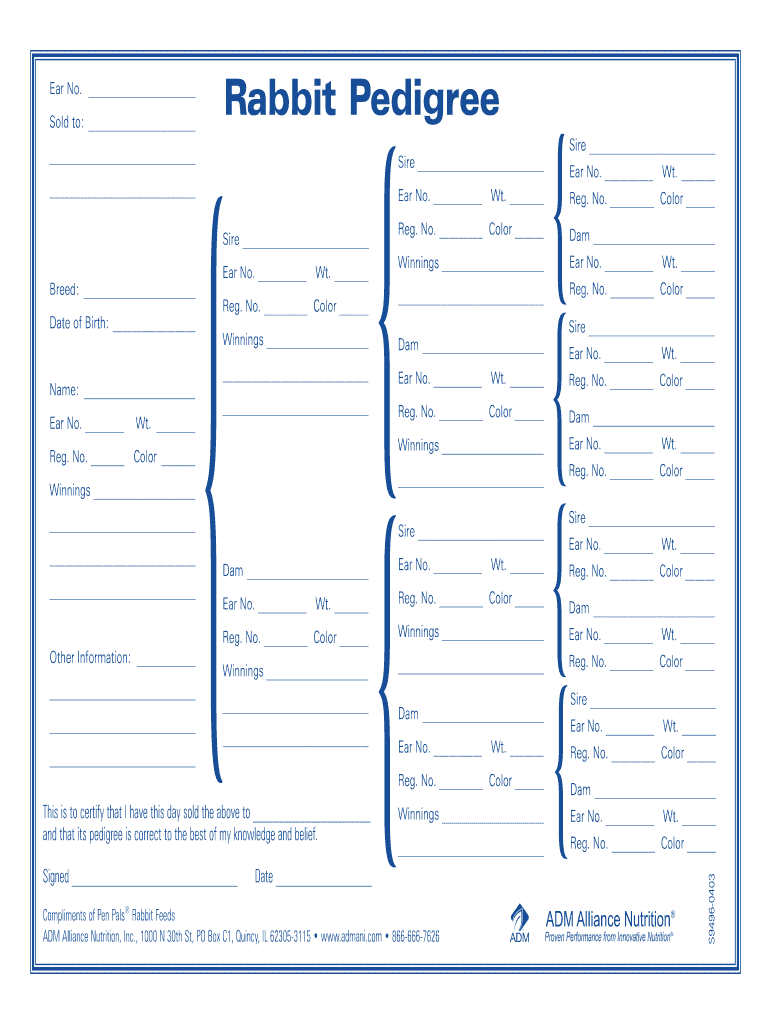 ADM Alliance Nutrition Rabbit Pedigree Form Fill Online 