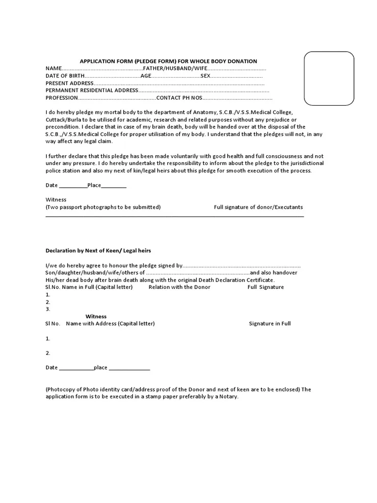 Application Form Pledge Form For Whole Body Donation PDF 