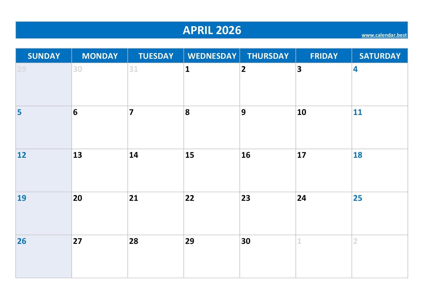 April 2026 Blank Printable Calendar