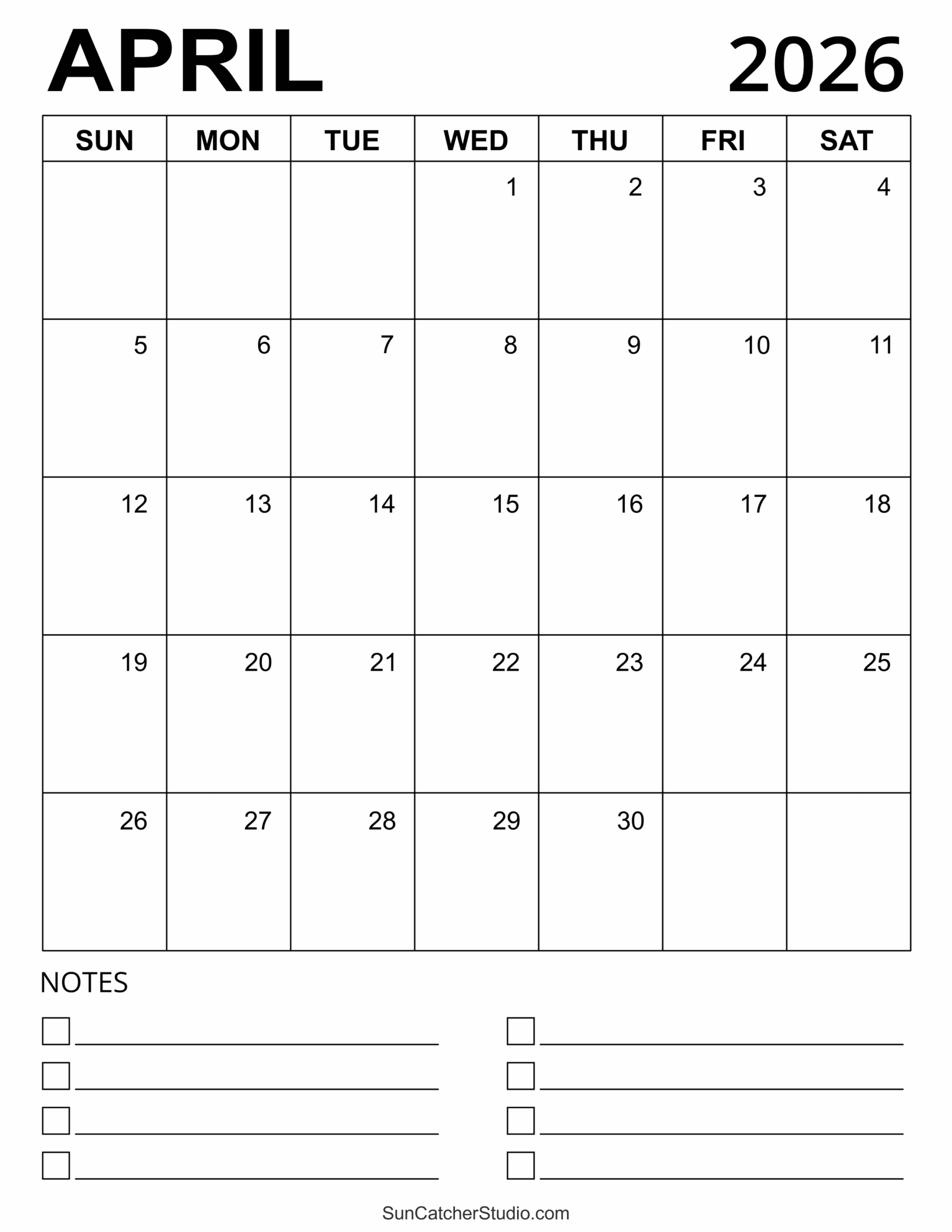 Blank Printable Calendar April 2026