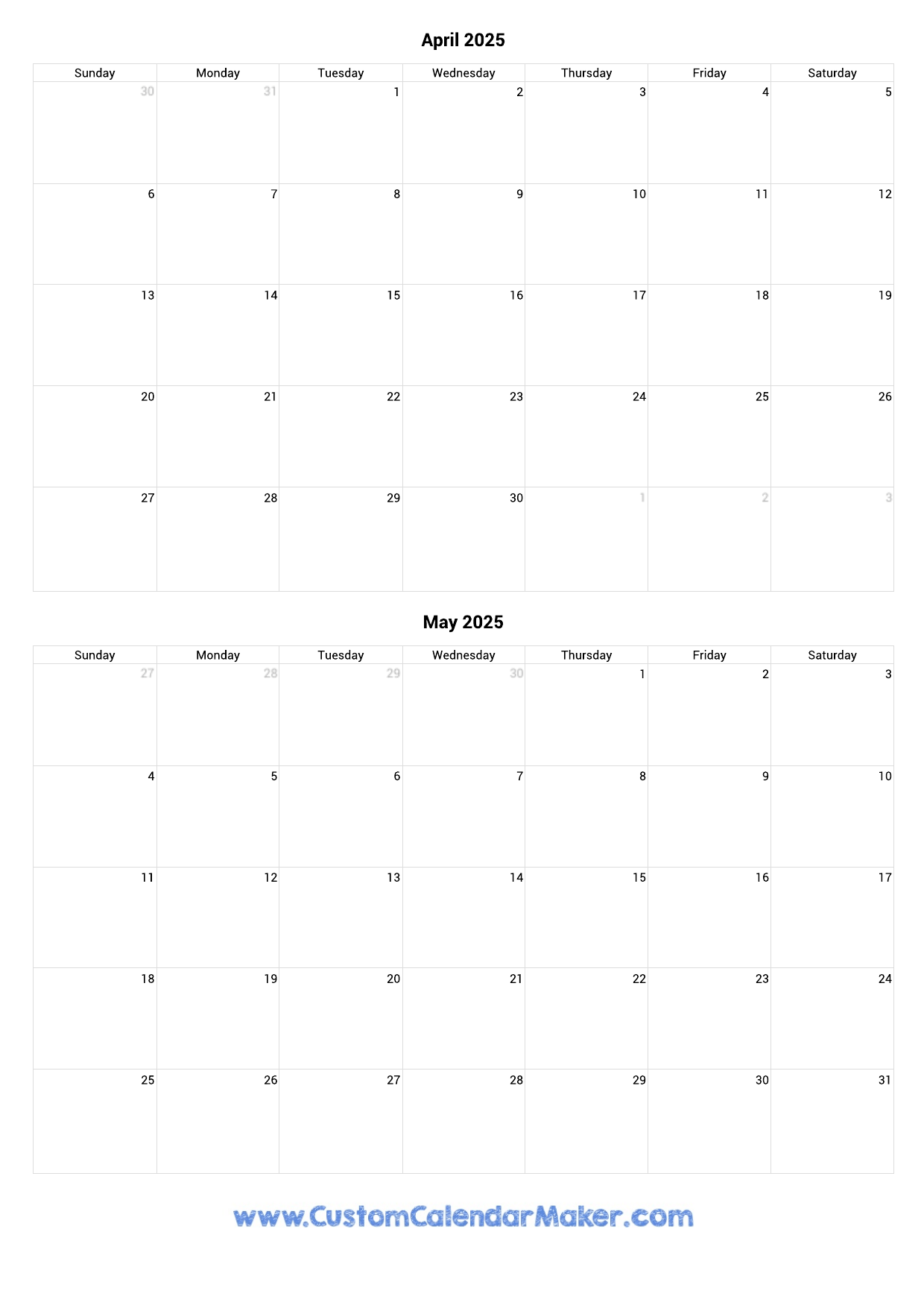 Printable Blank April May Calender