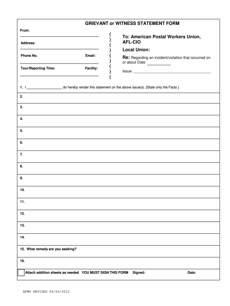 APWU Grievant Or Witness Statement Form Fill Online Printable 