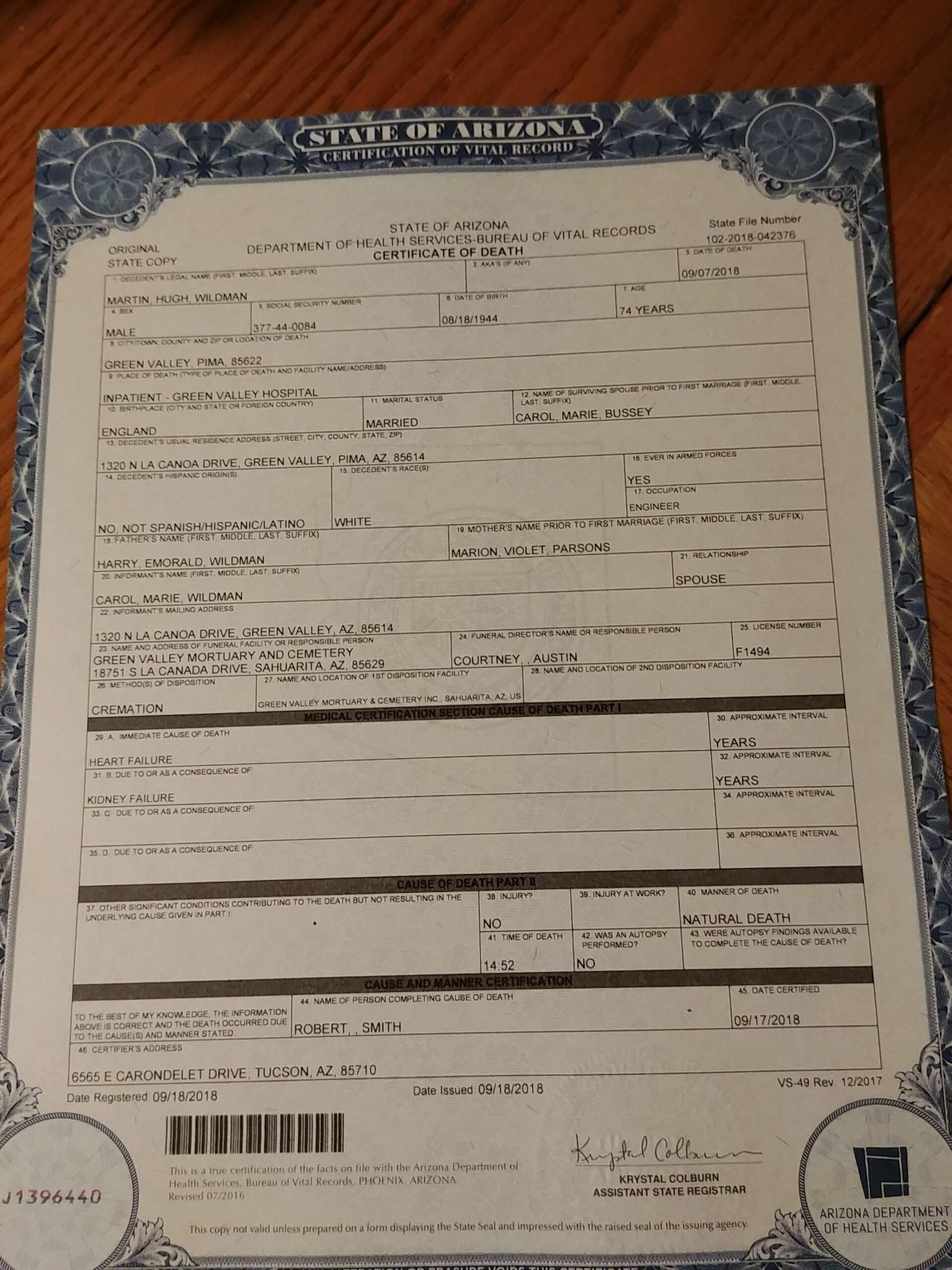 Blank Arizona Birth Certificate Printable