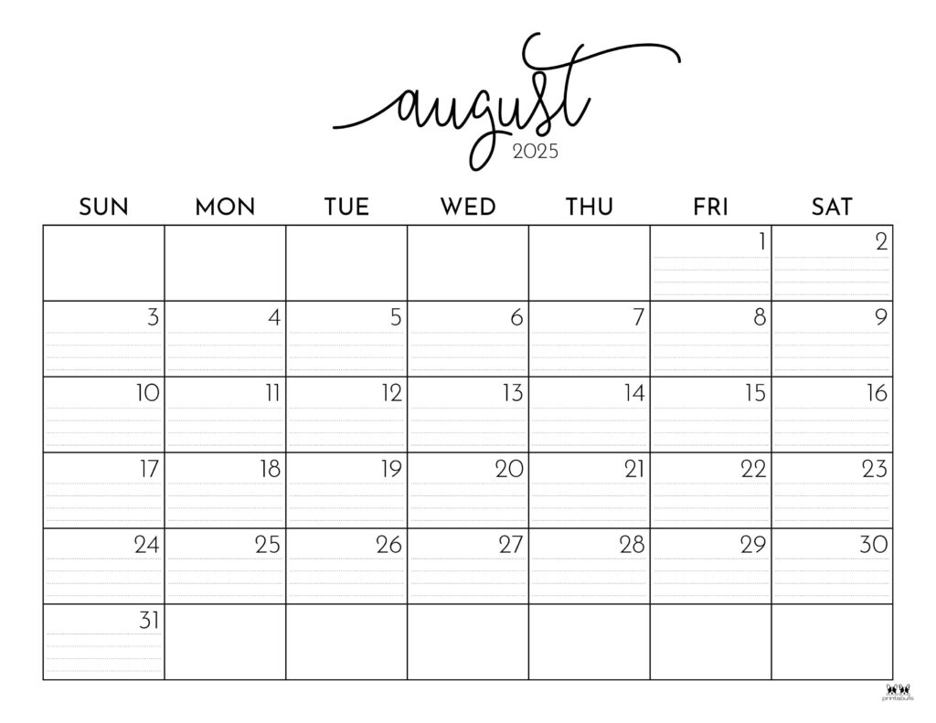 August 2025 Calendars 107 FREE Printables Printabulls
